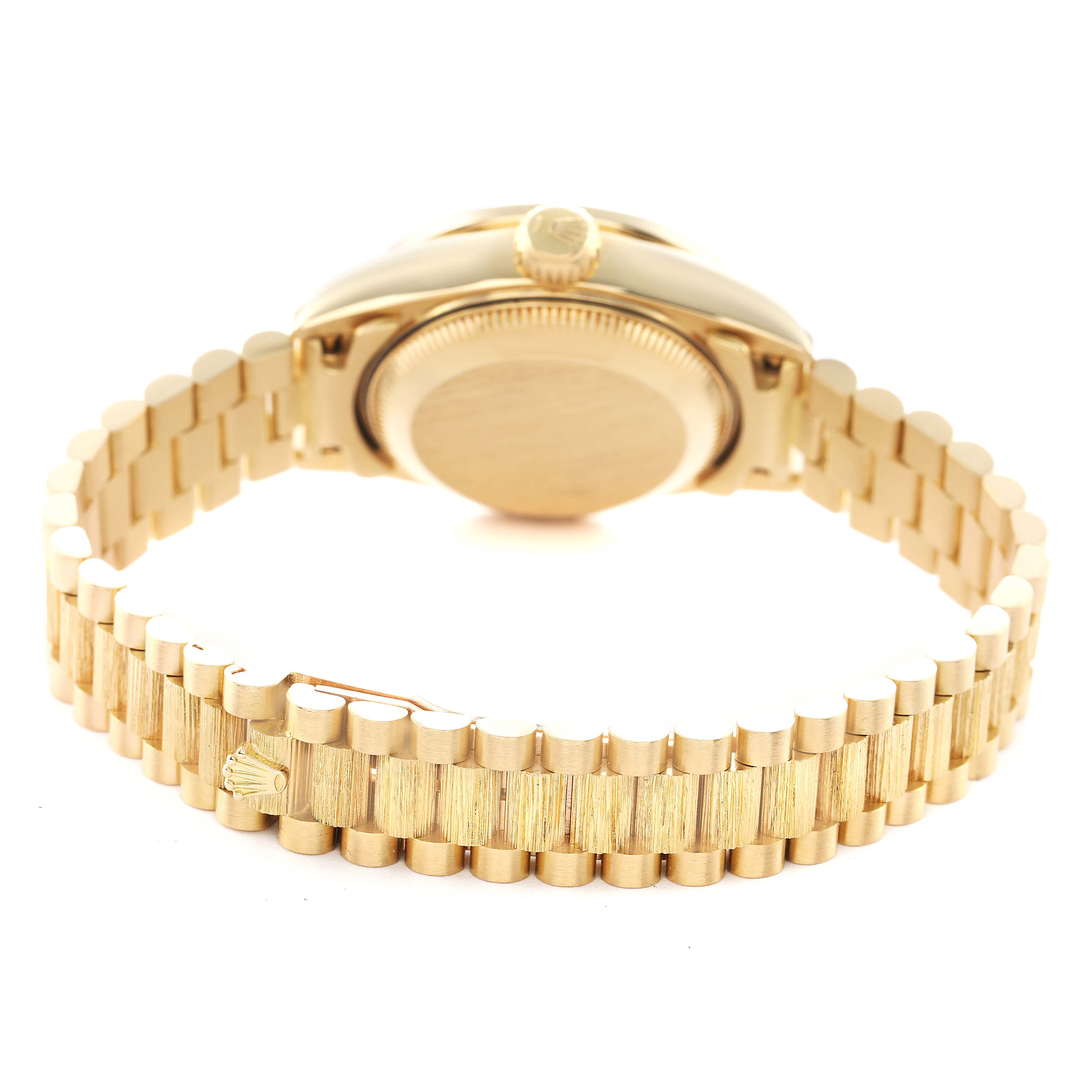 The image shows the back and bracelet of a Rolex President 69288 Women's Yellow Gold Blue Dial watch, highlighting the gold band and clasp.