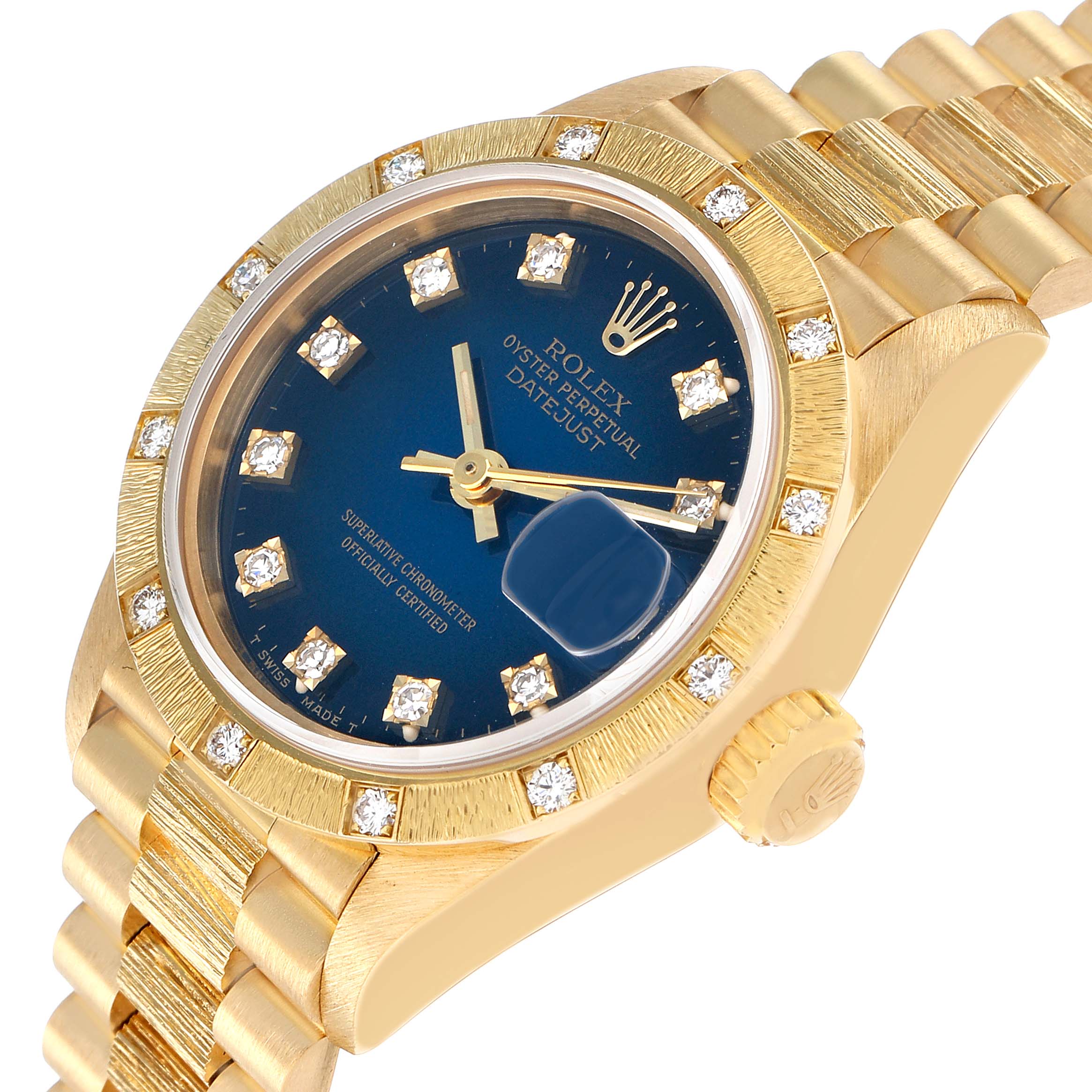 The image shows a Rolex President 69288 Women's Yellow Gold Blue Dial model at a right-side angle, highlighting its bracelet, bezel, crown, and blue dial with diamond markers.