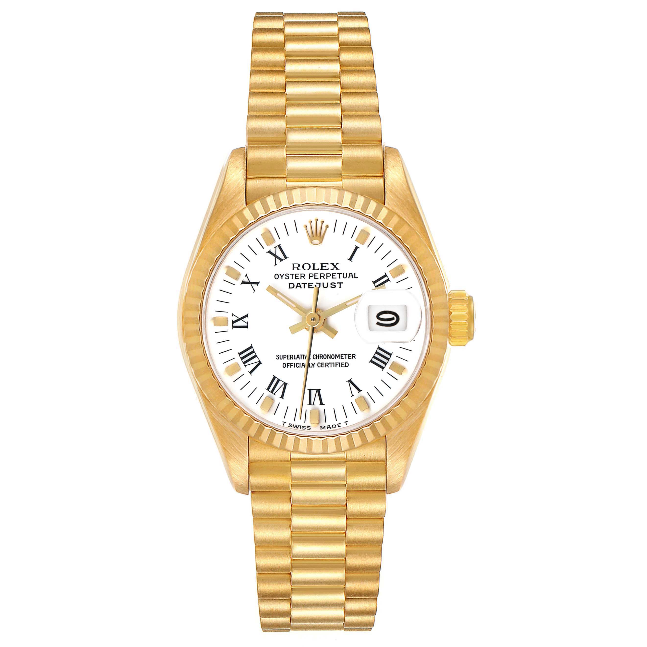 The Rolex President 69178 Women's Yellow Gold White Dial model is shown from a top-down angle, highlighting its gold bracelet, white dial, and date feature.