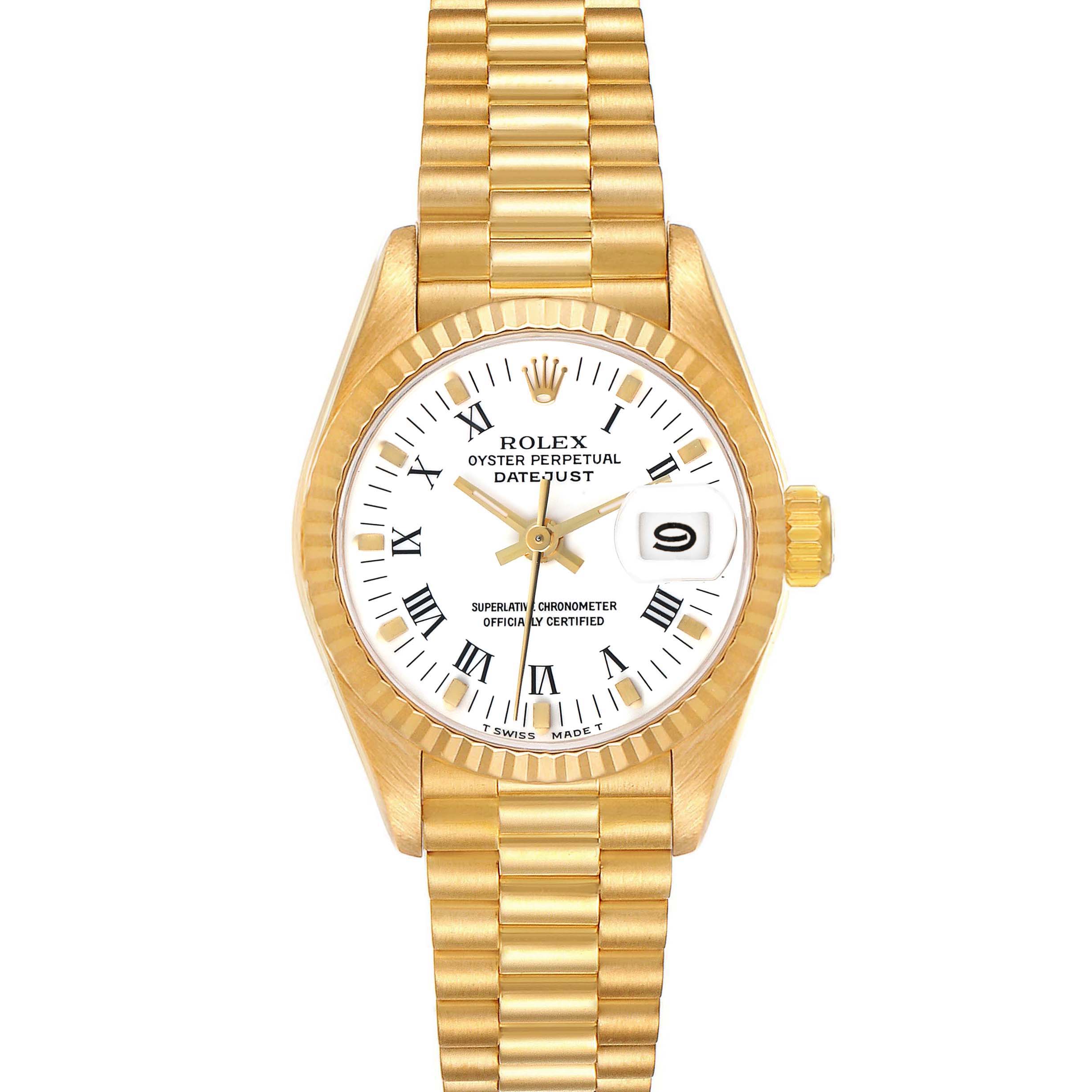 The Rolex President 69178 Women's Yellow Gold White Dial model watch is shown from a top-down angle, highlighting the face, bezel, bracelet, and crown.