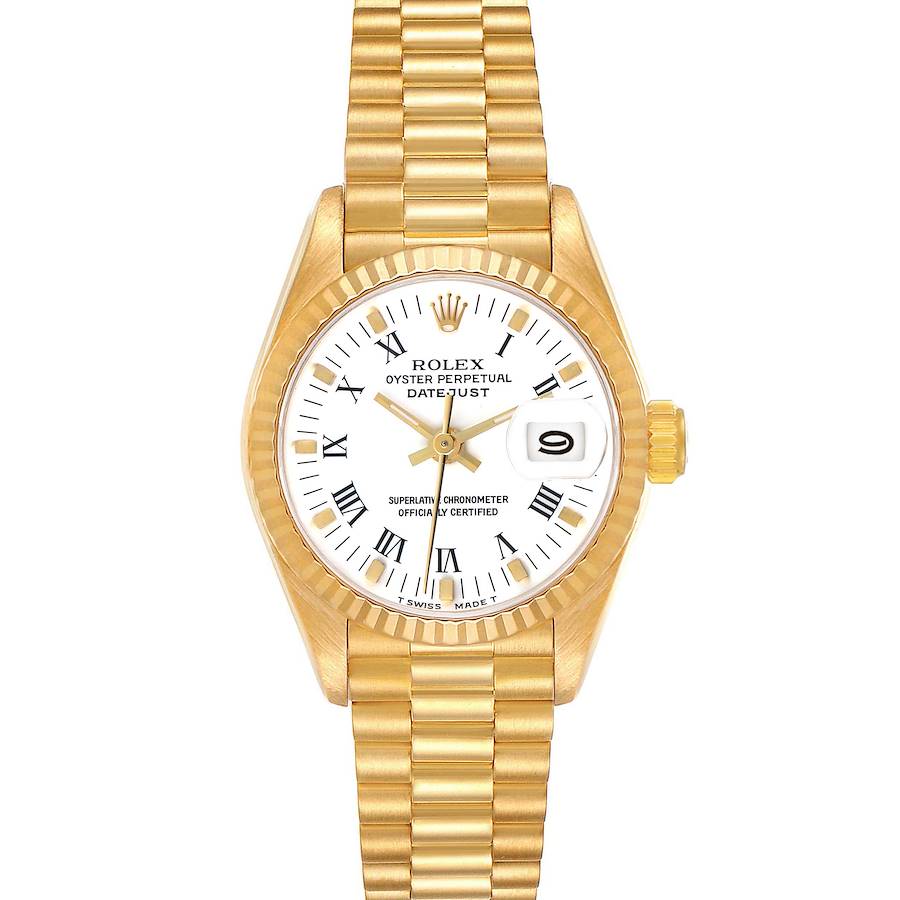 The Rolex President 69178 Women's Yellow Gold White Dial model watch is shown from a top-down angle, highlighting the face, bezel, bracelet, and crown.