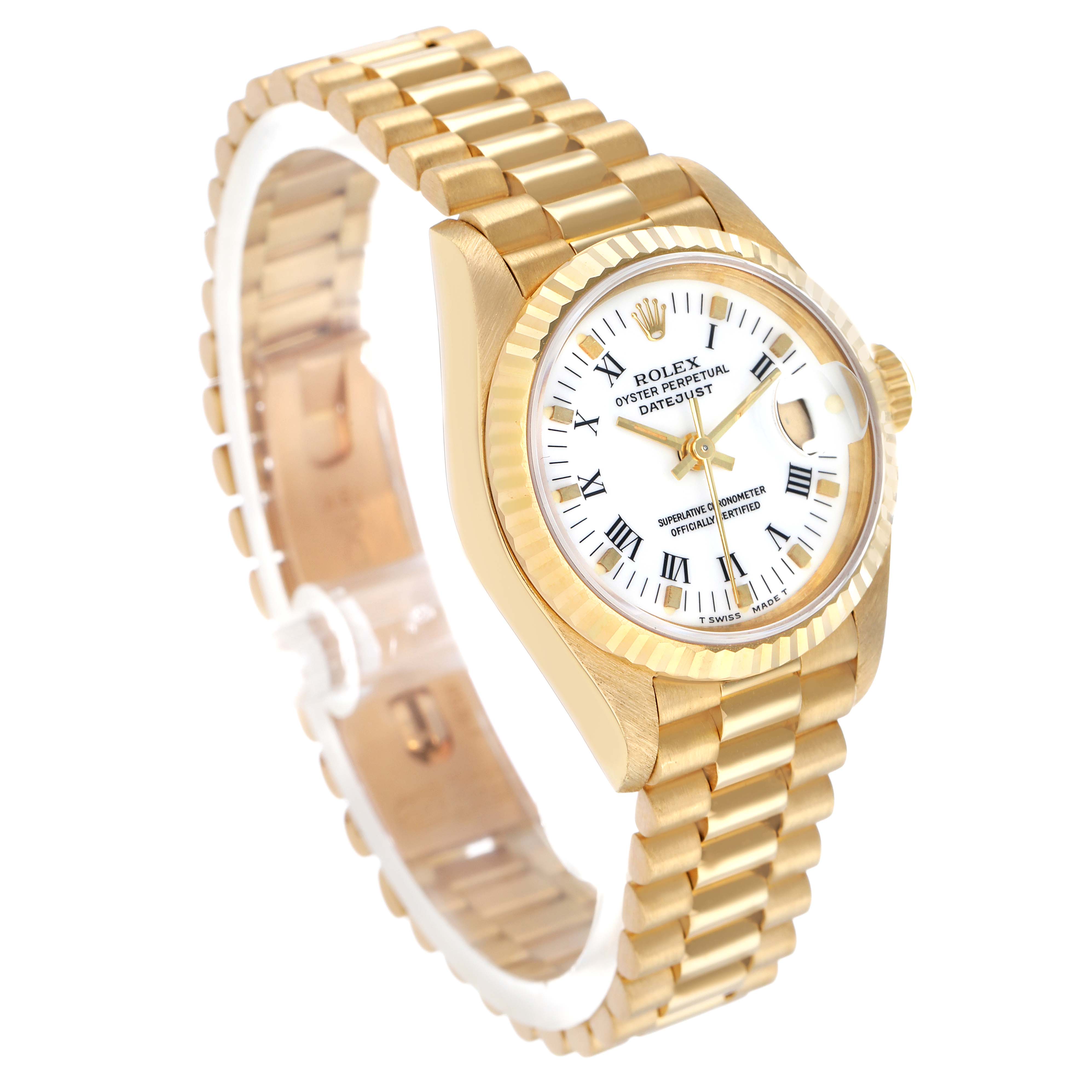 The Rolex President 69178 Women's Yellow Gold White Dial model watch is shown at a slight angle, highlighting the gold case, fluted bezel, and bracelet.