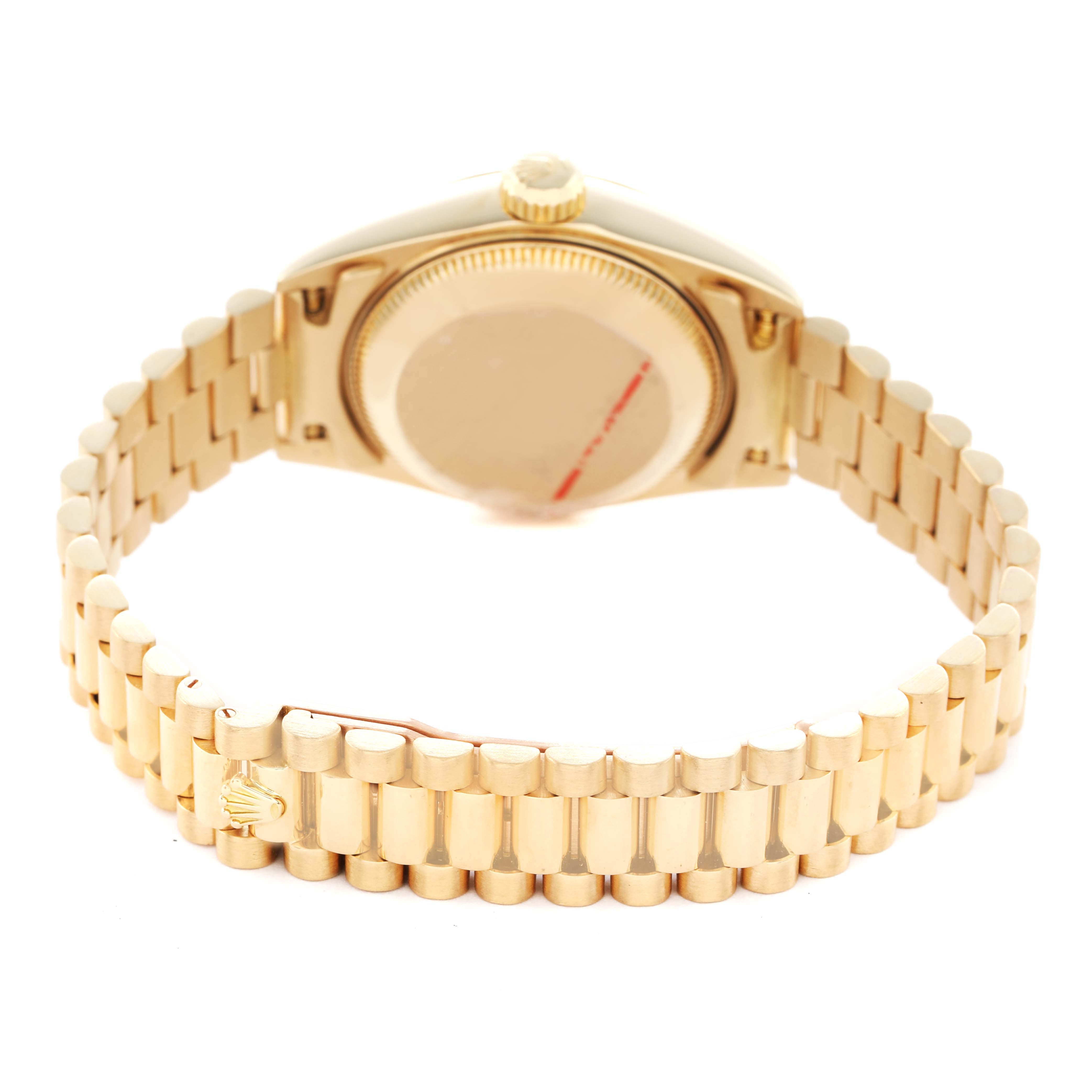 The image shows the back of the Rolex President 69178 Women's Yellow Gold White Dial model, highlighting the case back and bracelet with a partially visible clasp.