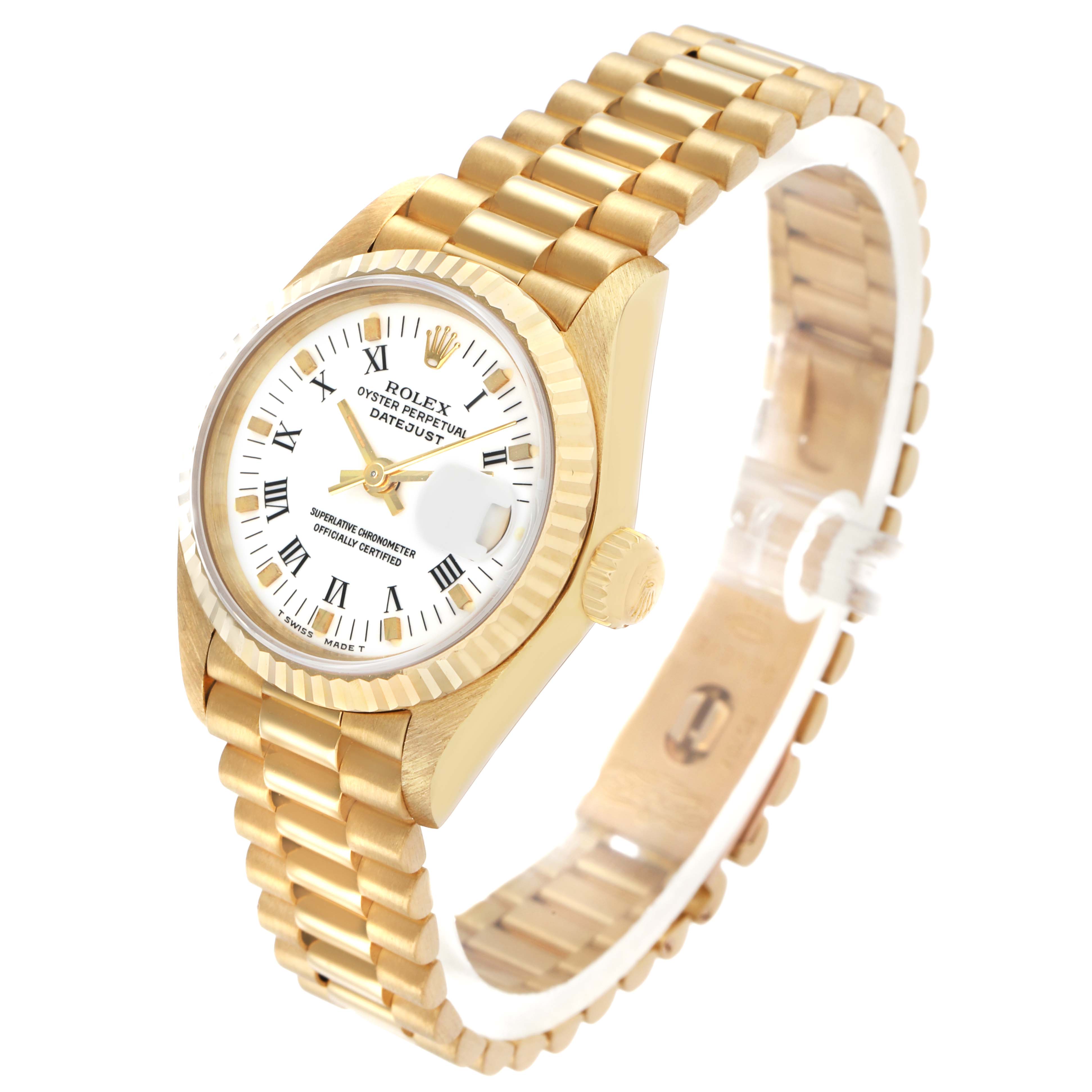 The Rolex President 69178 Women's Yellow Gold White Dial model watch is shown at a slight angle, displaying the dial, bezel, crown, and full bracelet.
