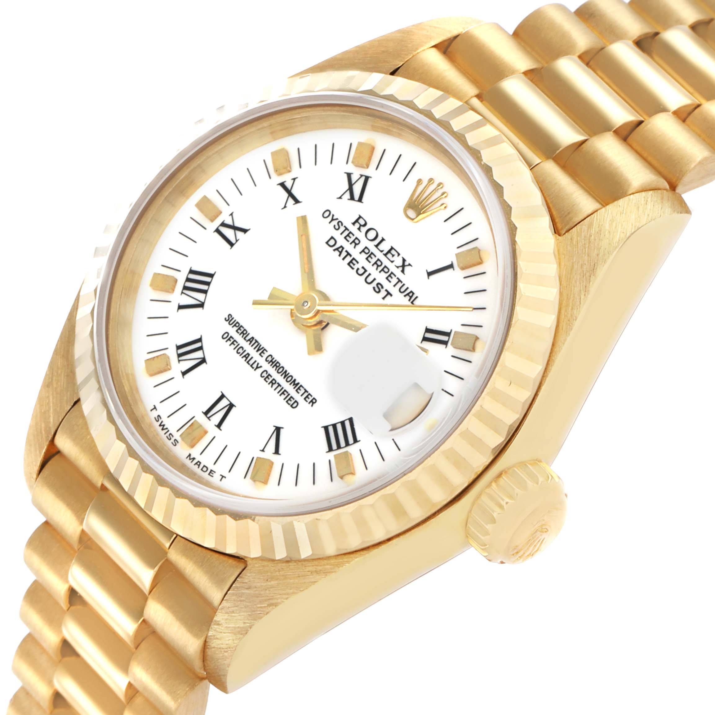 The Rolex President 69178 Women's Yellow Gold White Dial model watch is shown from a top-side angle, highlighting the dial, bezel, crown, and bracelet.