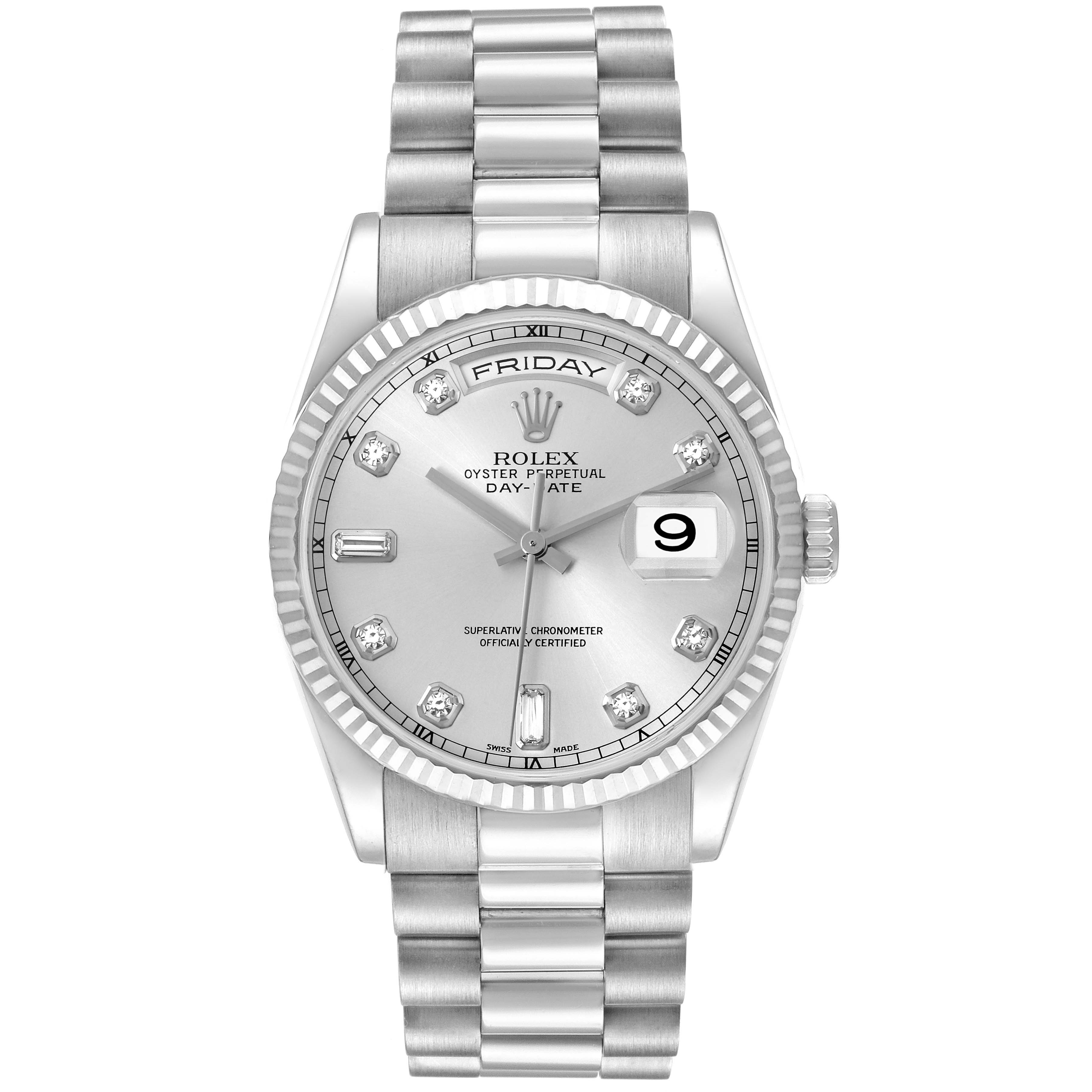 The Rolex President 118239A Men's White Gold Silver Dial 118239A Men's White Gold Silver Dial model is shown from a top-down angle, featuring the full face, bezel, and bracelet.