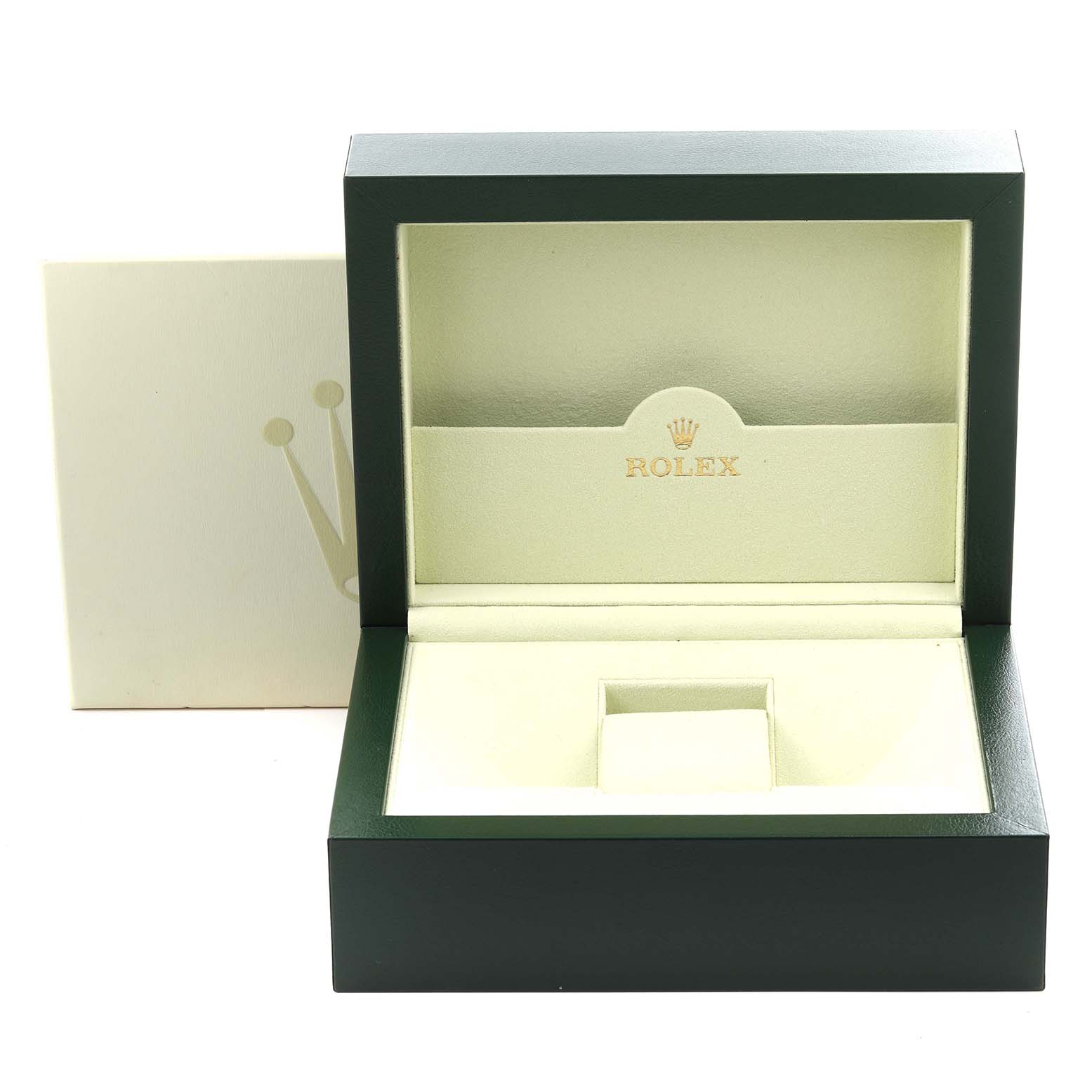 The image shows an open Rolex President 118239A Men's White Gold Silver Dial 118239A Men's White Gold Silver Dial watch box, featuring its interior compartments and the Rolex logo.