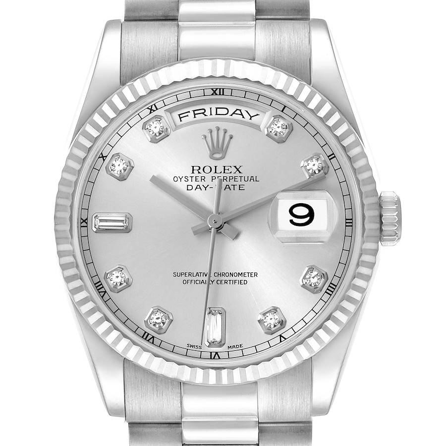 The Rolex President model is shown from a frontal angle, displaying the dial, bezel, crown, and part of the bracelet.