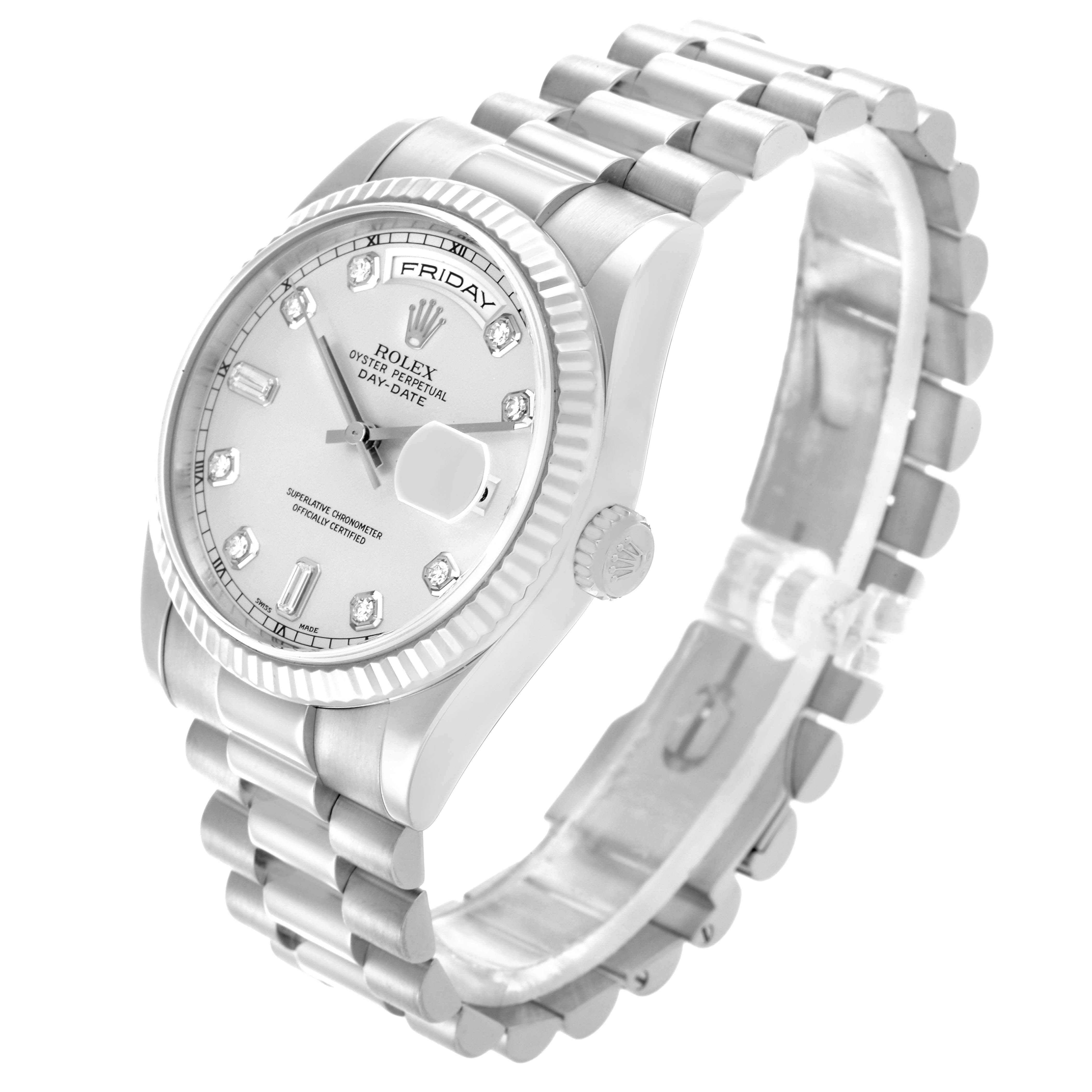 The Rolex President 118239A Men's White Gold Silver Dial 118239A Men's White Gold Silver Dial model is shown at a three-quarter angle, highlighting the dial, bezel, bracelet, and crown.