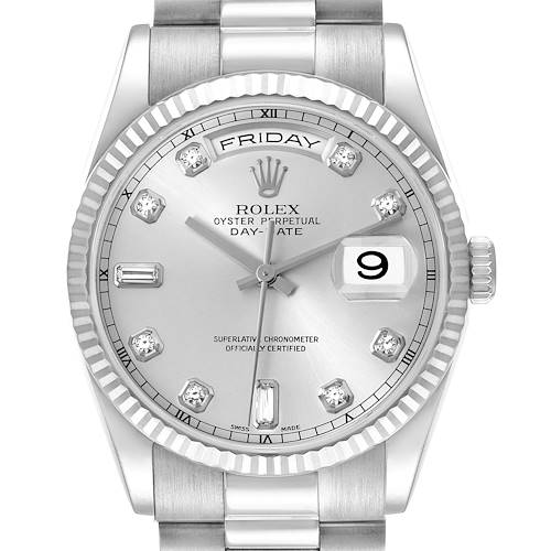 The Rolex President model is shown from the front, highlighting the dial, bezel, crown, and partial bracelet.