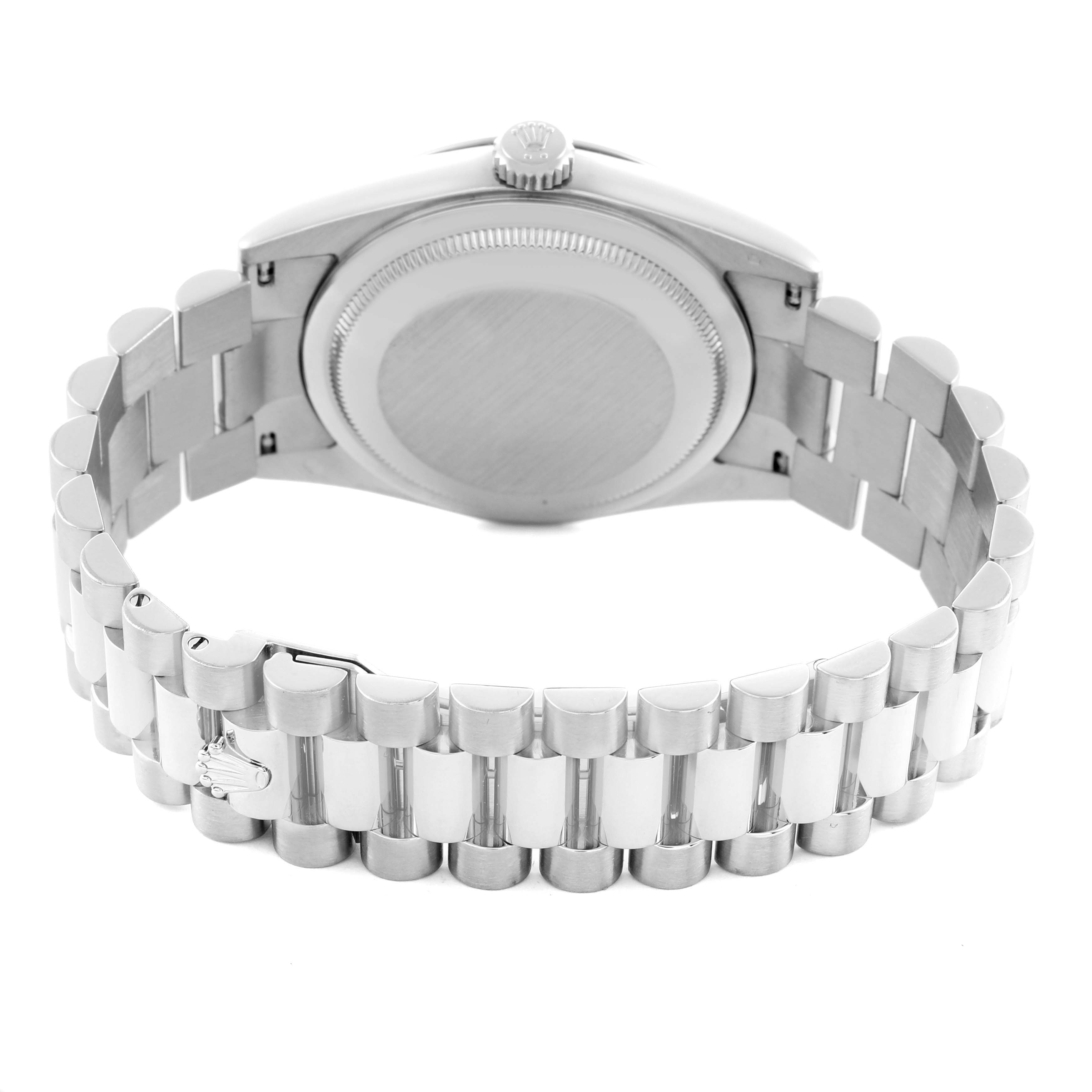 The image shows the back case and bracelet of a Rolex President 118239A Men's White Gold Silver Dial 118239A Men's White Gold Silver Dial watch from a rear angle.