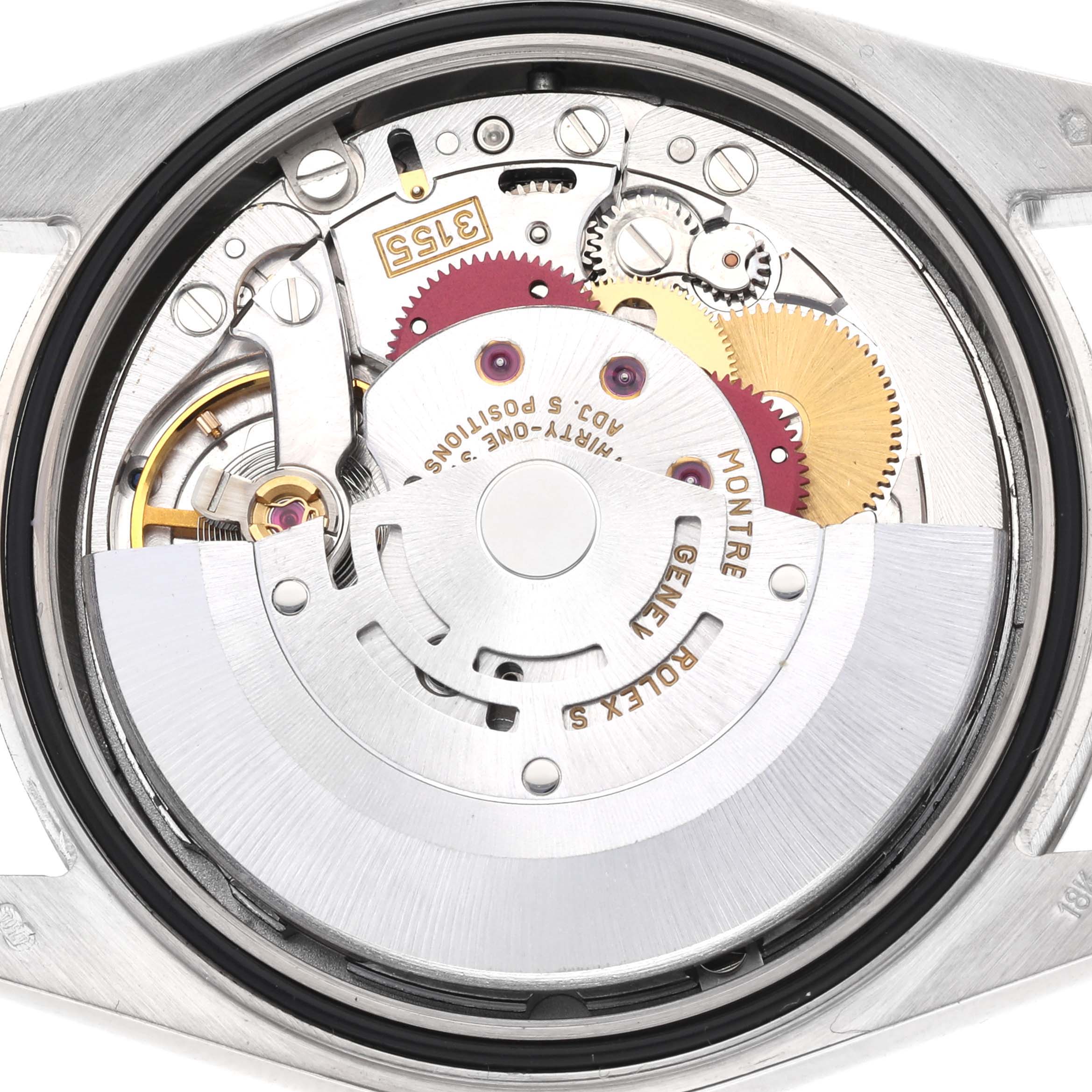 This image shows the internal mechanism of a Rolex President 118239A Men's White Gold Silver Dial 118239A Men's White Gold Silver Dial watch, focusing on its gears and rotor from the back.