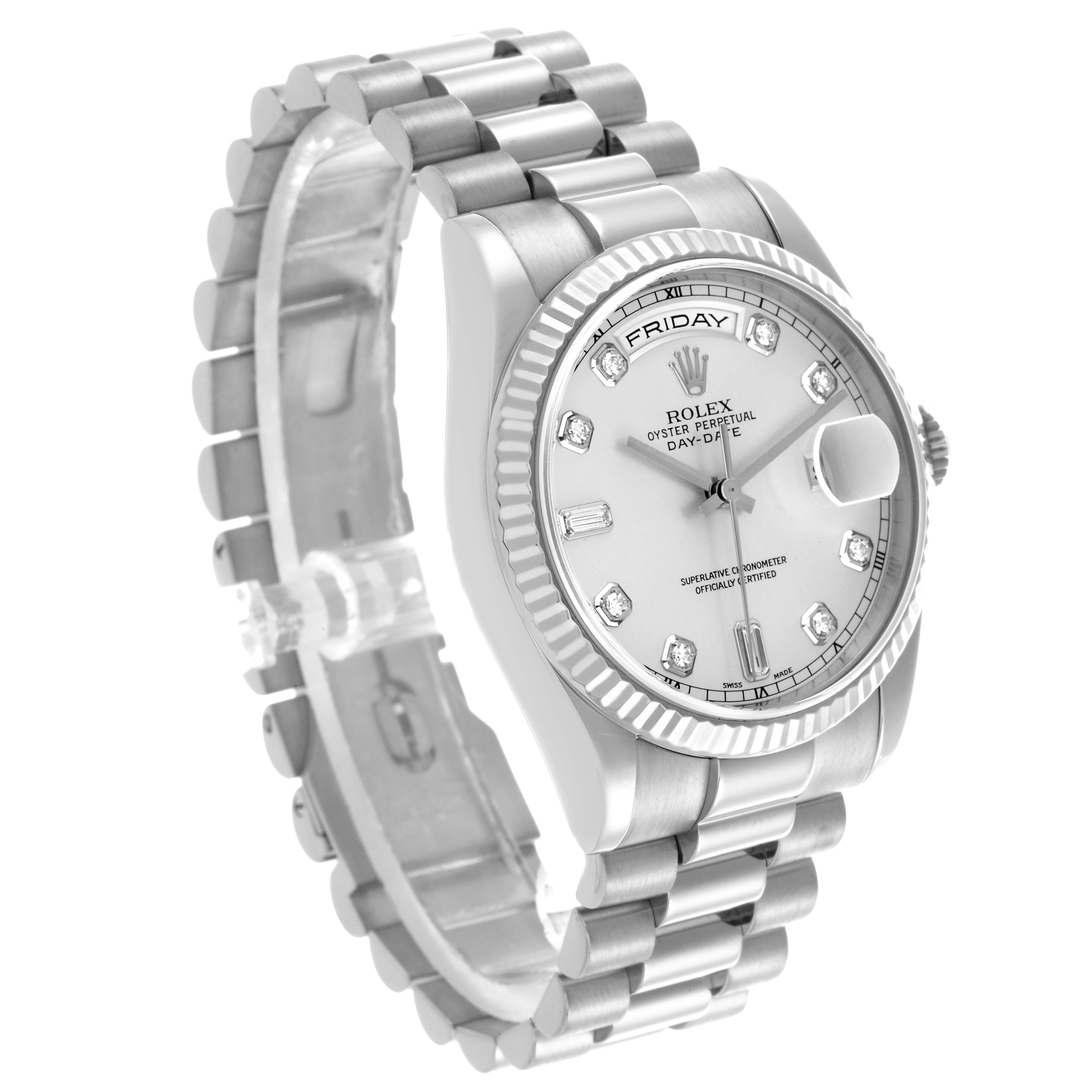 The image shows a Rolex President 118239A Men's White Gold Silver Dial 118239A Men's White Gold Silver Dial model watch from a three-quarter angle, highlighting the bracelet, case, and dial.