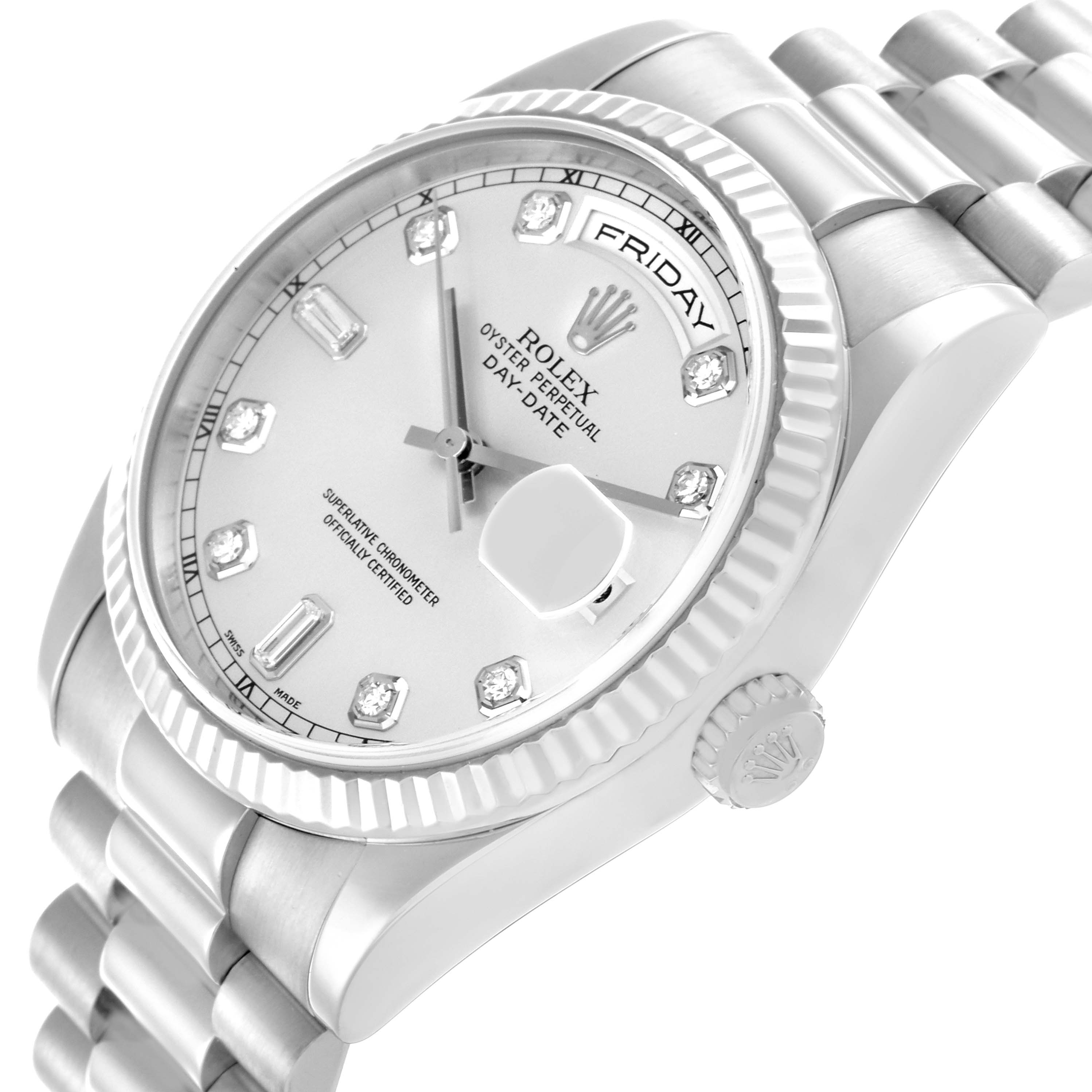 The Rolex President 118239A Men's White Gold Silver Dial 118239A Men's White Gold Silver Dial watch is shown at a three-quarter angle, displaying the dial, bezel, and partial bracelet.