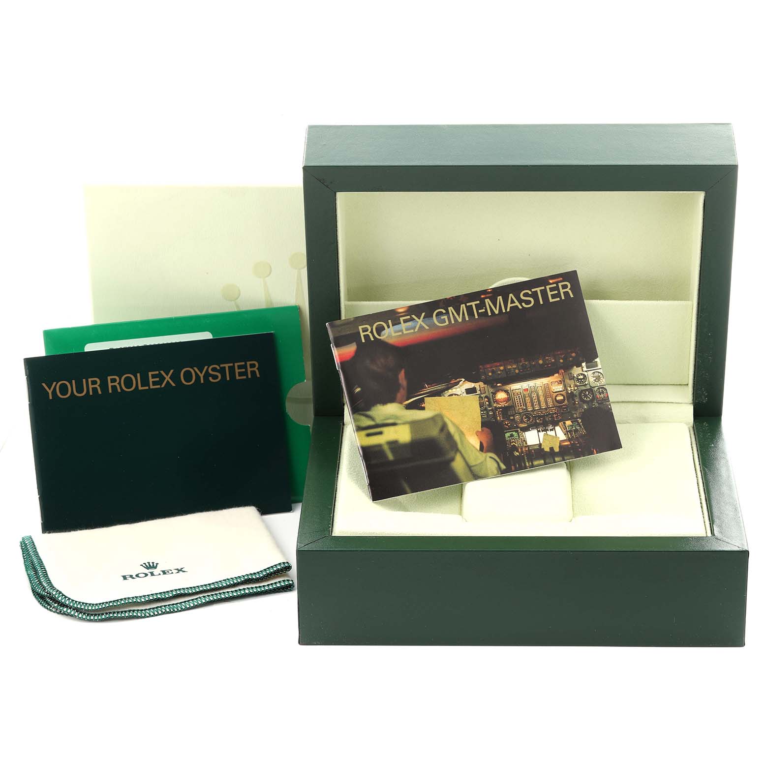 This image shows a Rolex President 118238 Men
s Yellow Gold Champagne Dial 118238 Men
s Yellow Gold Champagne Dial model watch box, manuals, and a cleaning cloth from a slightly angled front view.