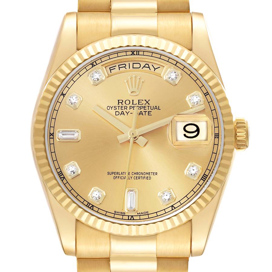 The Rolex President model is shown from a front angle, highlighting the dial, day and date display, and bezel.