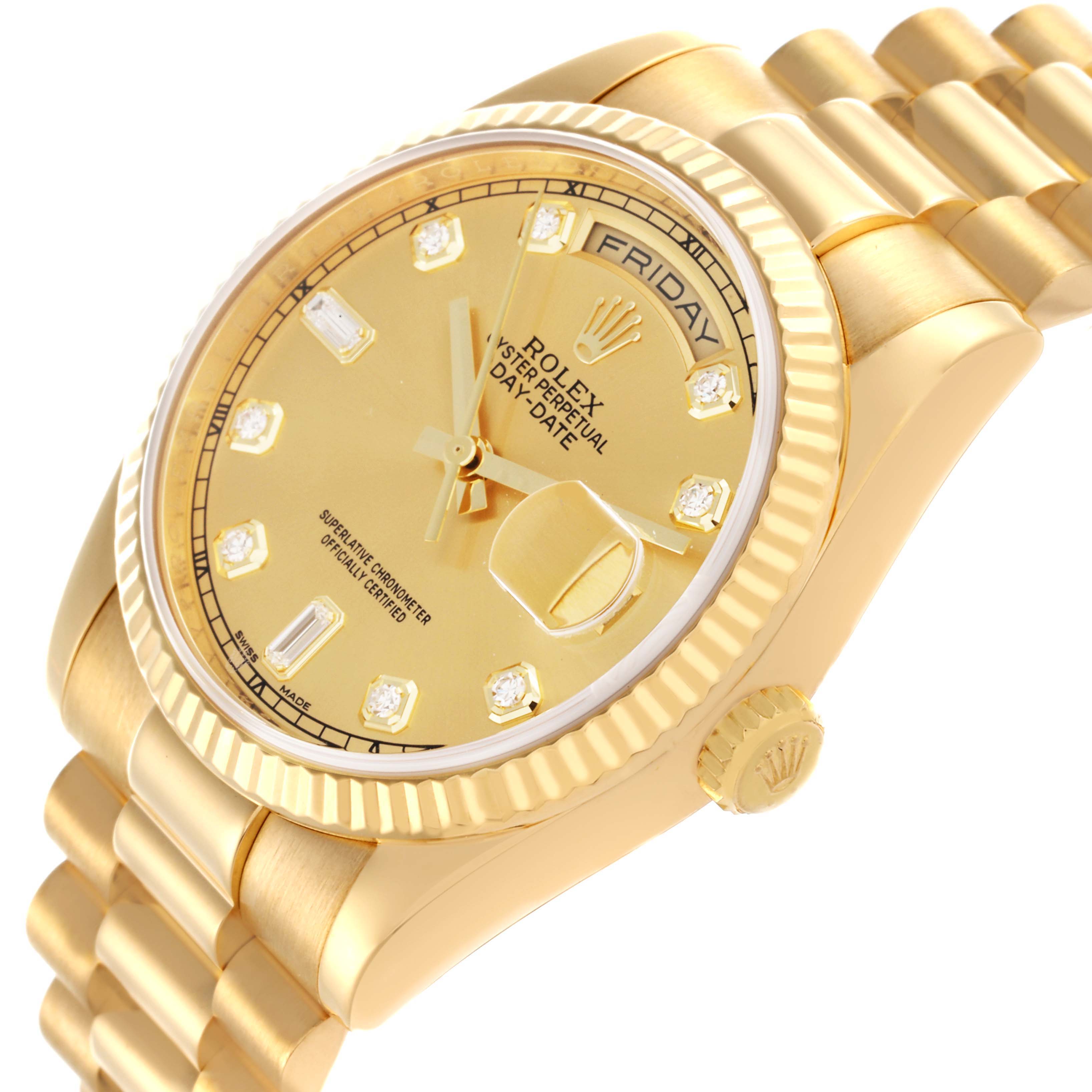 The Rolex President 118238 Men
s Yellow Gold Champagne Dial 118238 Men
s Yellow Gold Champagne Dial model is shown at a three-quarter angle highlighting the face, crown, and part of the bracelet.