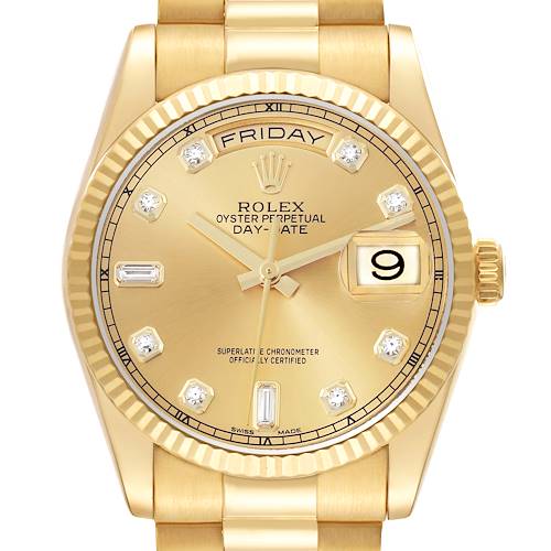 The Rolex President watch is shown from the front, displaying the dial, fluted bezel, and part of the bracelet.