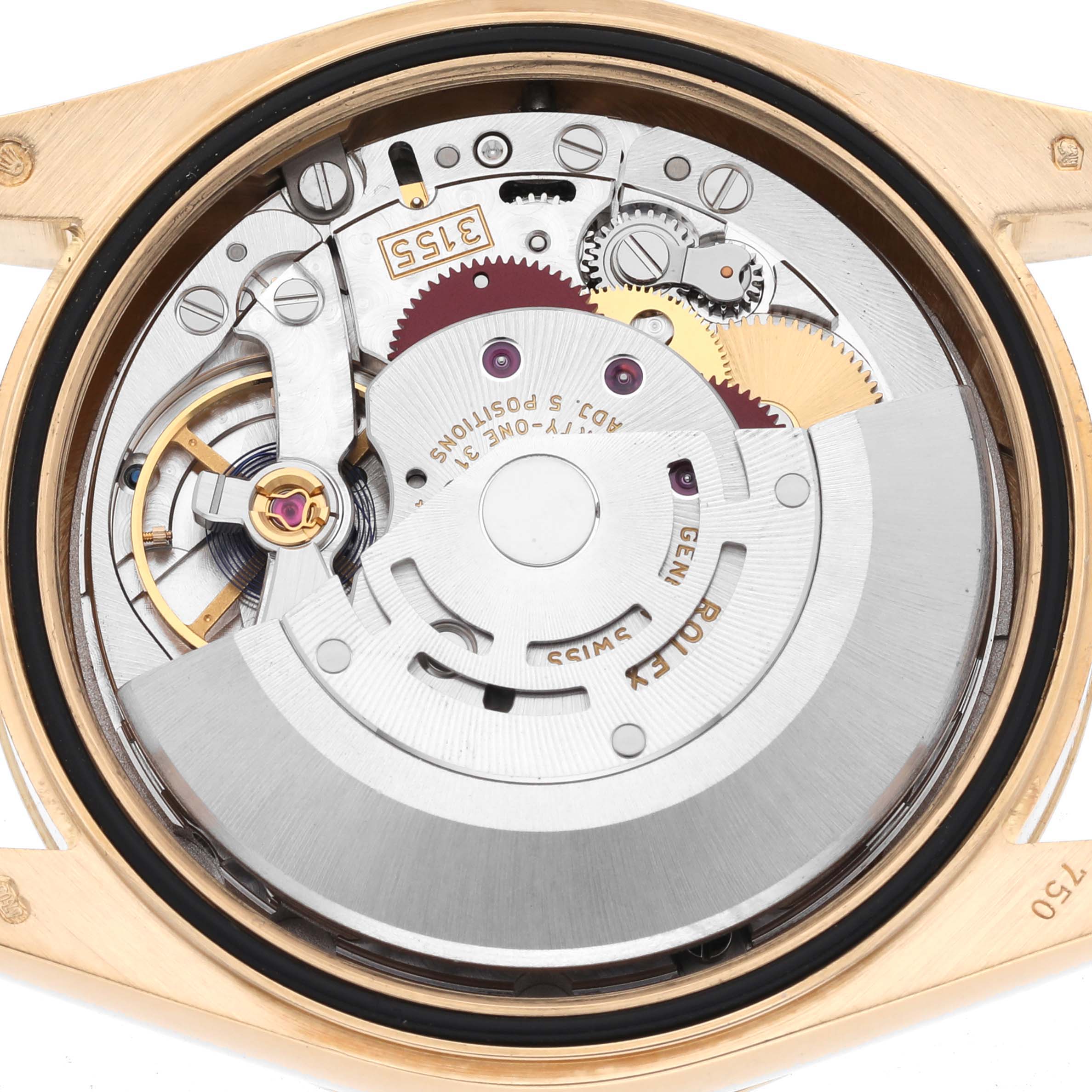 The image shows the internal mechanism and movement of a Rolex President 118238 Men
s Yellow Gold Champagne Dial 118238 Men
s Yellow Gold Champagne Dial model watch from a back angle.