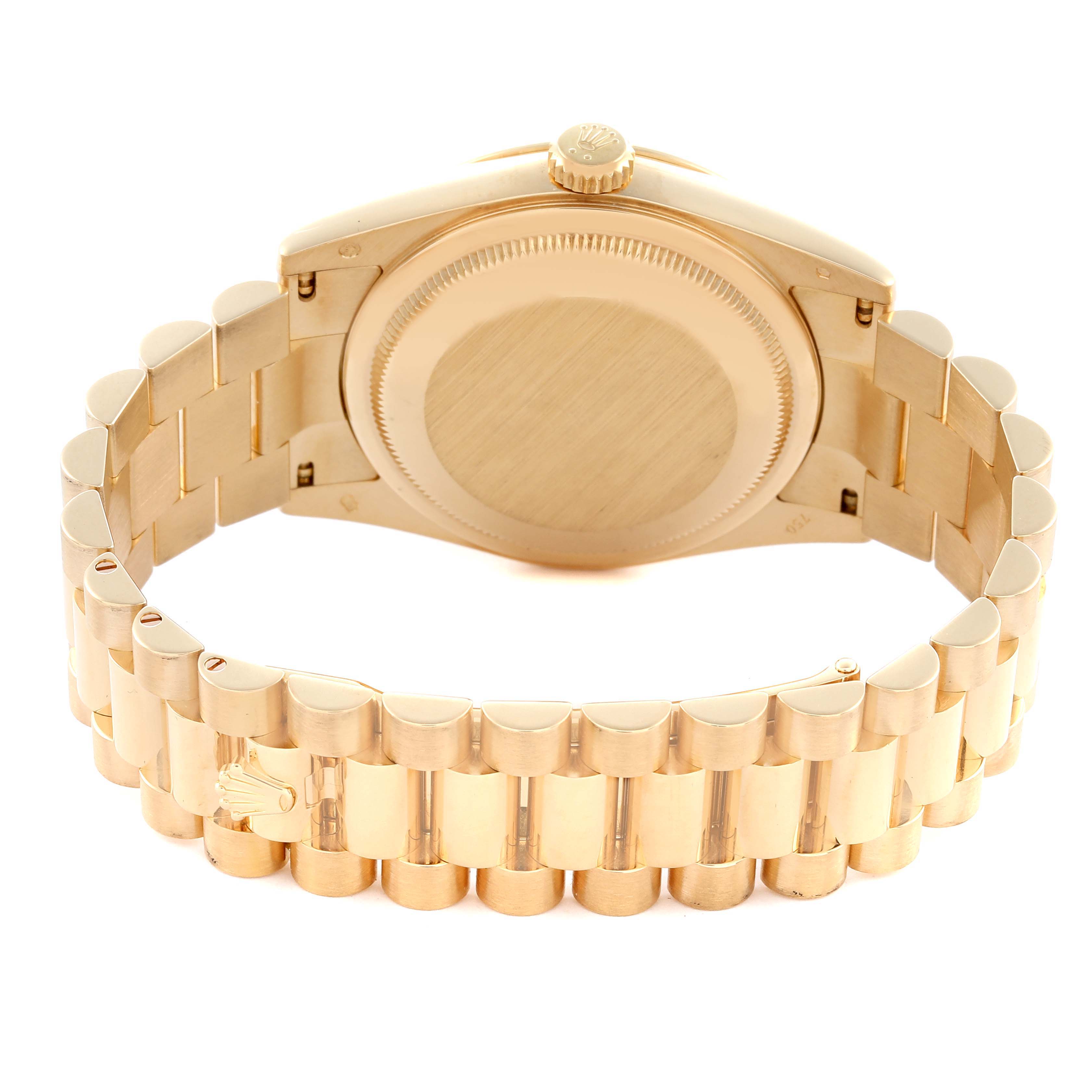 The Rolex President 118238 Men
s Yellow Gold Champagne Dial 118238 Men
s Yellow Gold Champagne Dial model is shown from the back, displaying the watch case, bracelet, and clasp.