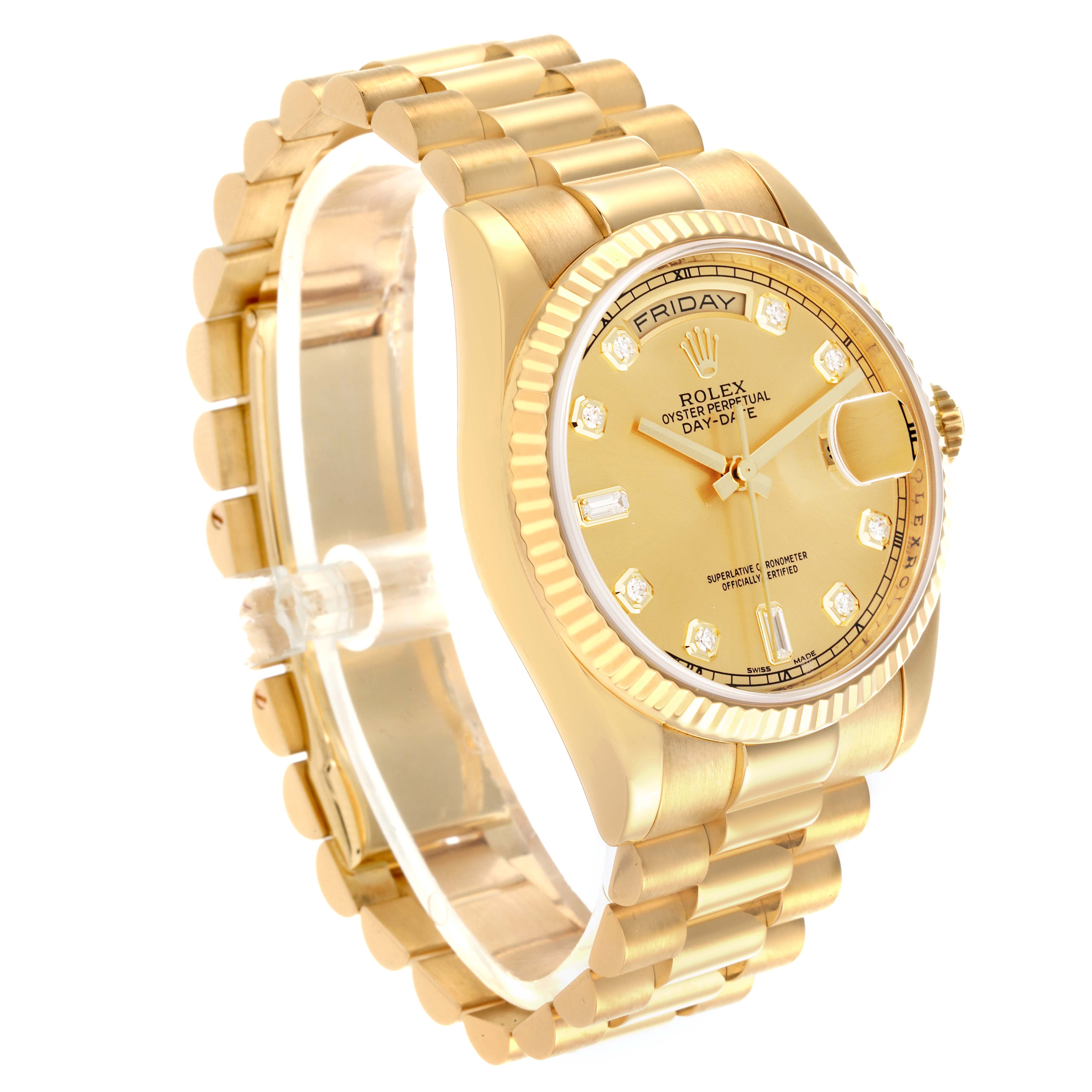 The Rolex President 118238 Men
s Yellow Gold Champagne Dial 118238 Men
s Yellow Gold Champagne Dial watch is shown at an angled view displaying the face, bezel, crown, and bracelet.