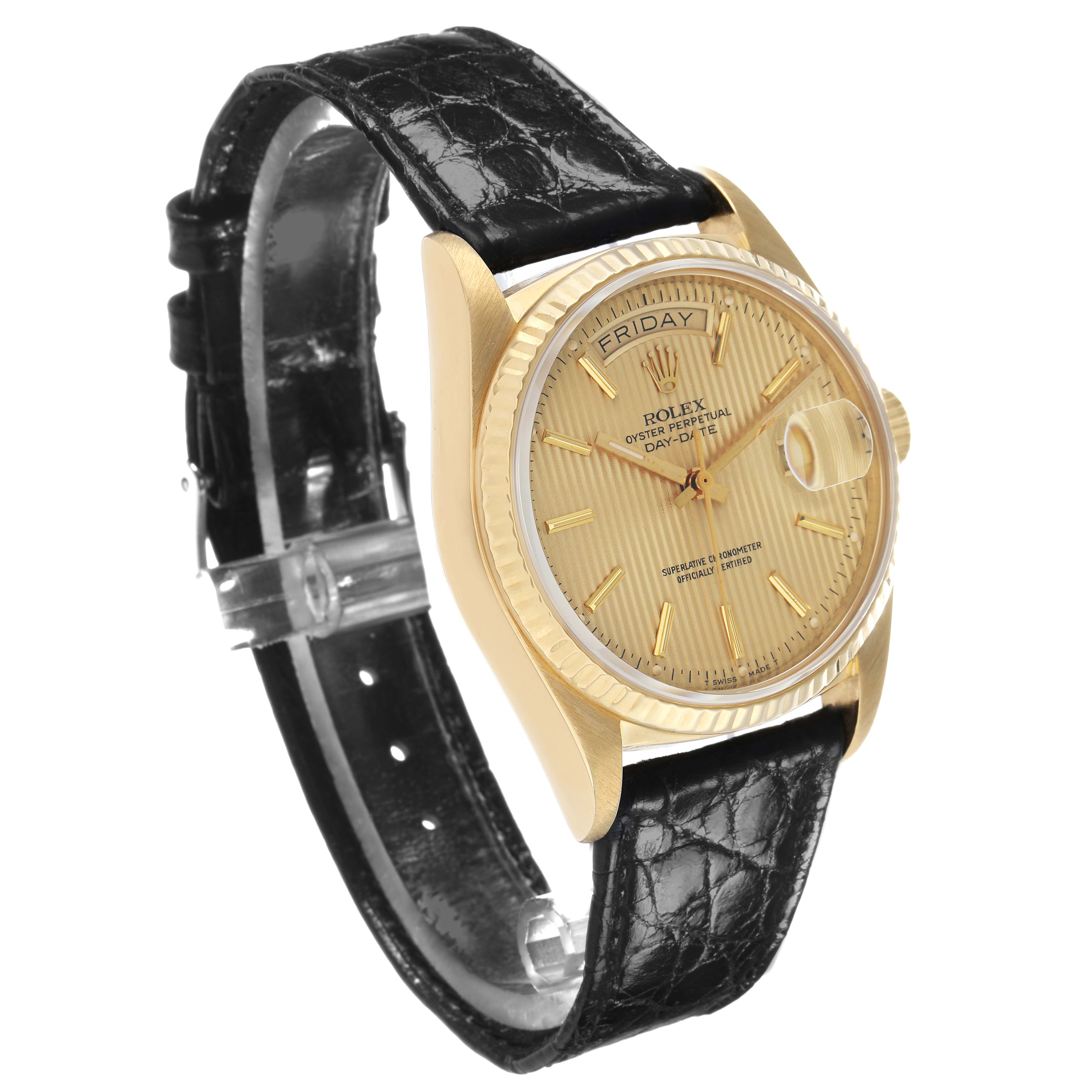 The Rolex President 18038 Men's Yellow Gold Champagne Dial model is shown at a three-quarter angle, highlighting the face, bezel, and leather strap.