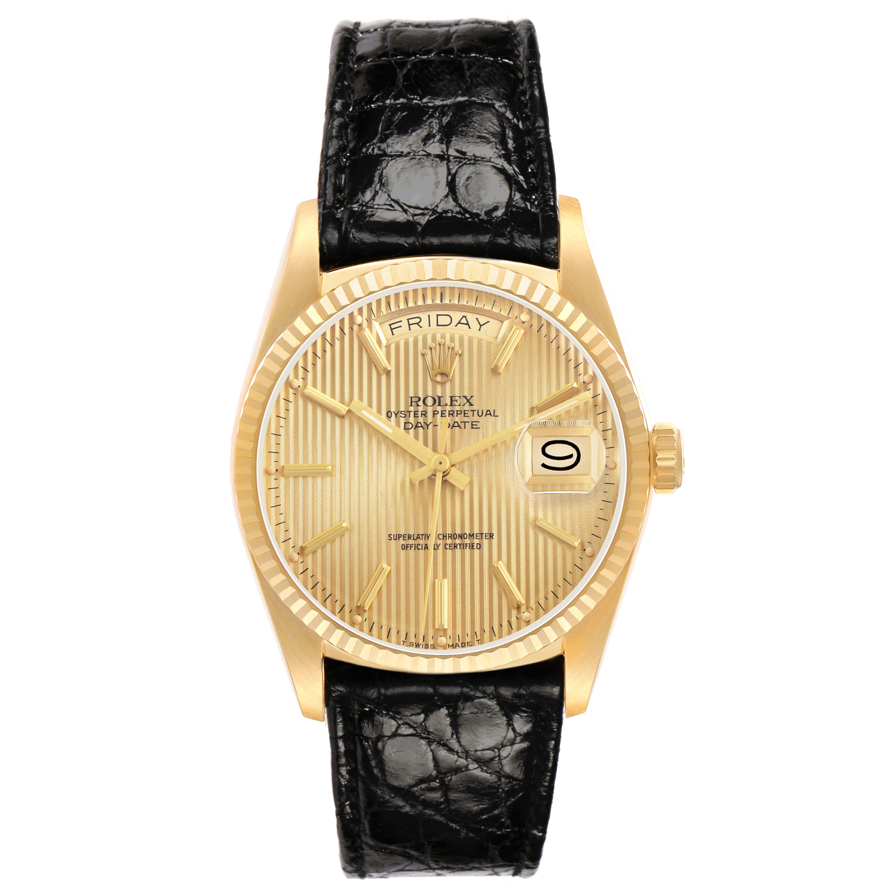 The Rolex President 18038 Men's Yellow Gold Champagne Dial model watch is shown from the front, displaying the dial, hands, and date window with a black leather strap.