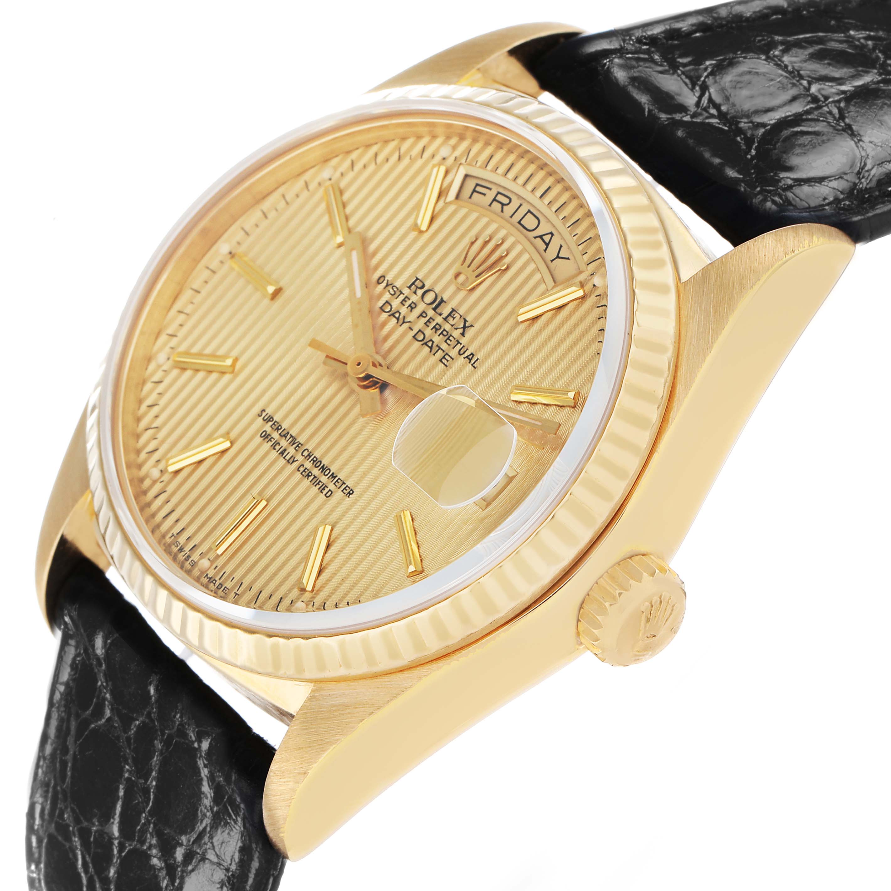 The Rolex President 18038 Men's Yellow Gold Champagne Dial model is shown at an angled side view, highlighting the dial, bezel, crown, and leather strap.