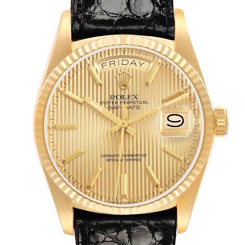 The Rolex President 18038 Men's Yellow Gold Champagne Dial model is shown from a front angle, highlighting its gold case, dial with day and date, and black leather strap.