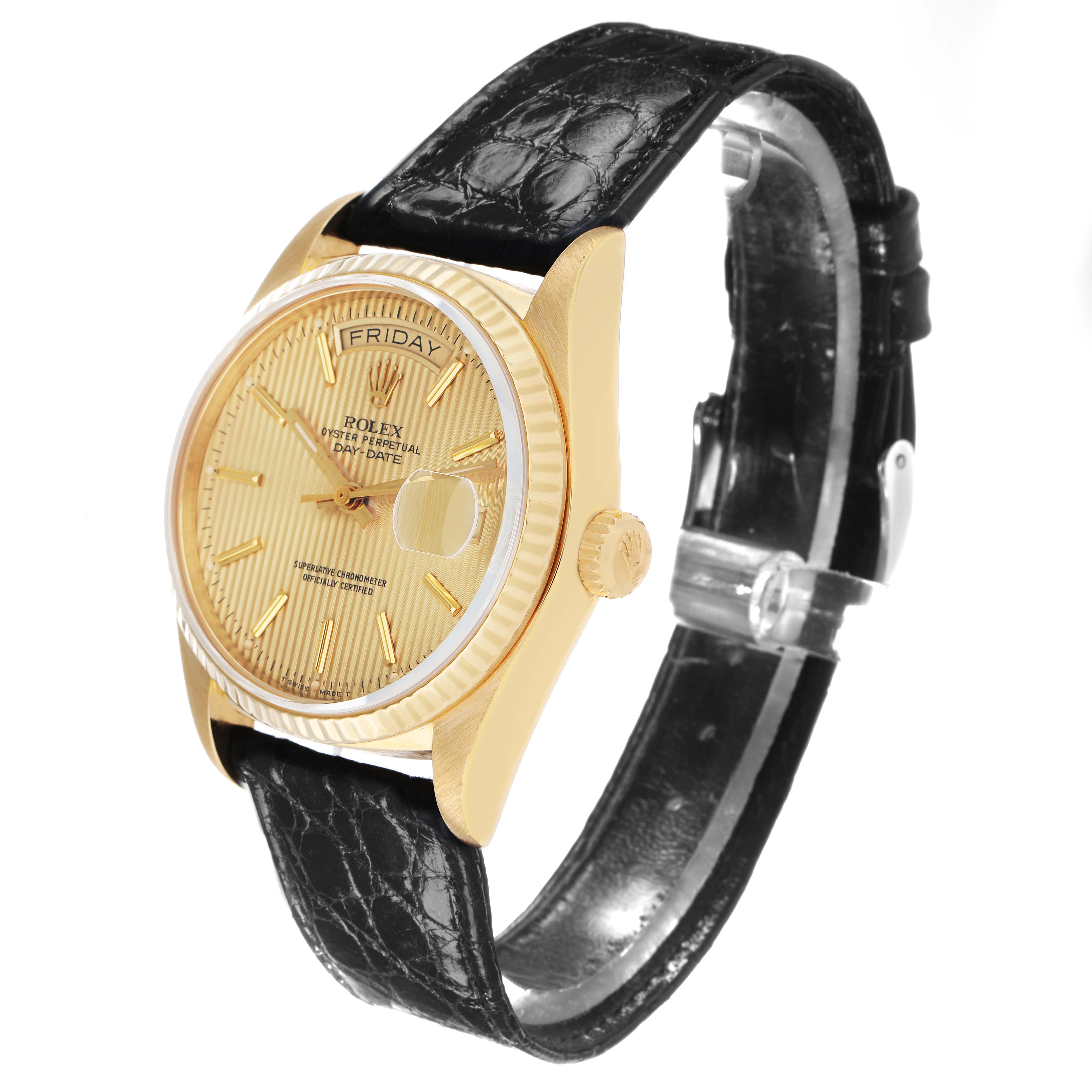 The Rolex President 18038 Men's Yellow Gold Champagne Dial watch is shown at a slight angle, highlighting the dial, bezel, crown, and black leather strap.