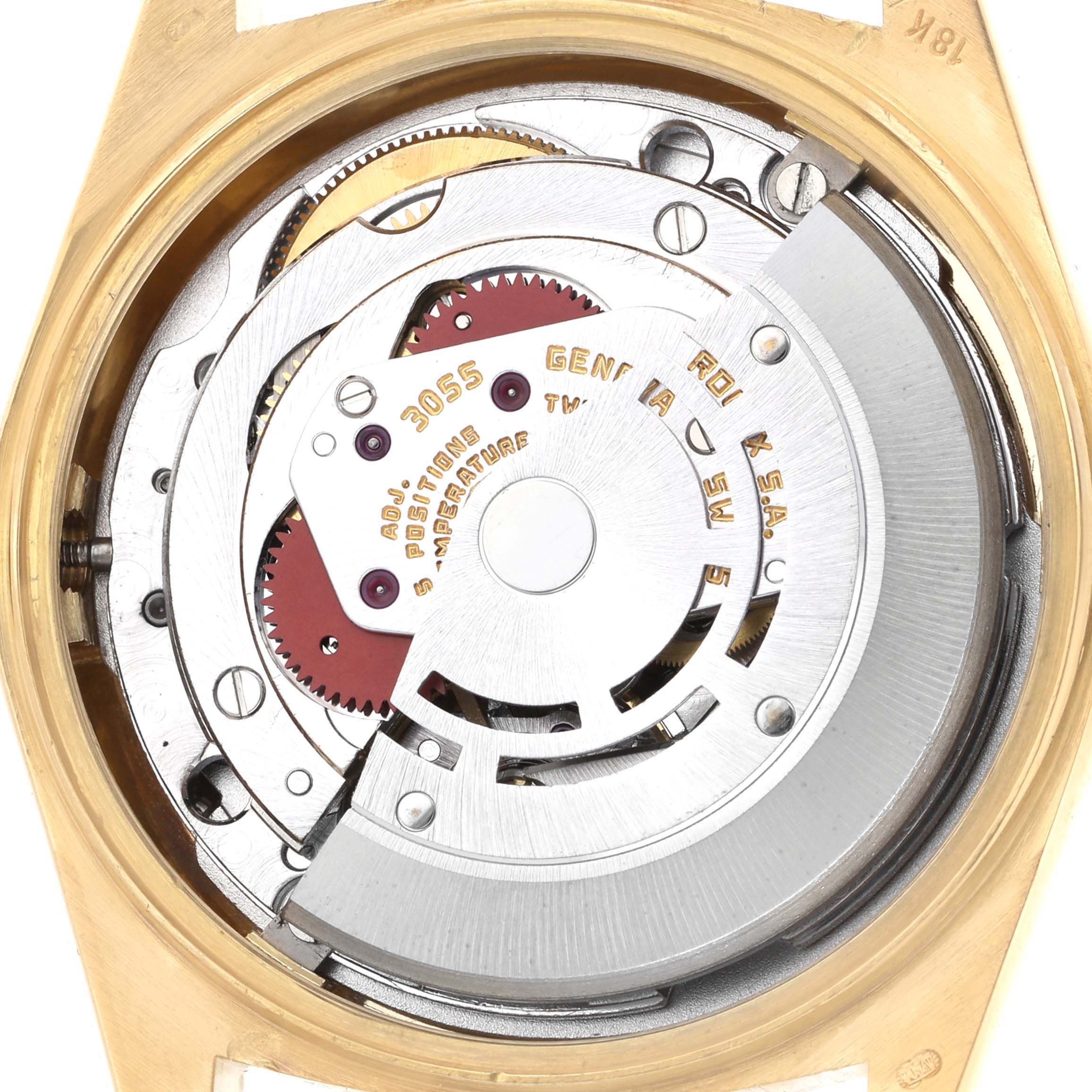The image shows the movement mechanism of a Rolex President 18038 Men's Yellow Gold Champagne Dial watch from a top-down angle.