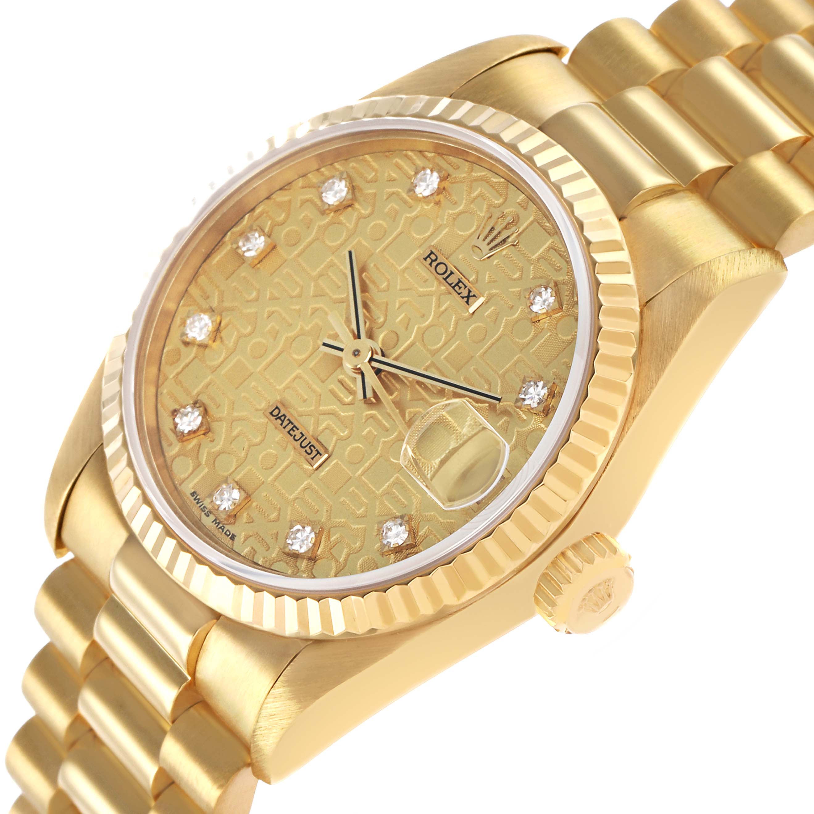 The Rolex President 68278 Women's Yellow Gold Champagne Dial model watch is shown at a slightly tilted angle, highlighting the bezel, bracelet, crown, and diamond markers.