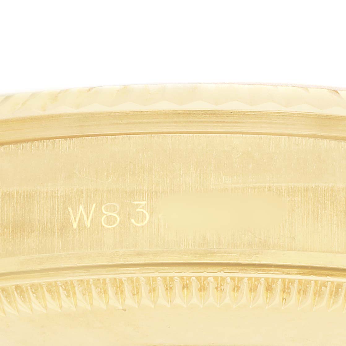 The image shows a close-up of the rehaut and bezel edge of a Rolex President 68278 Women's Yellow Gold Champagne Dial watch.