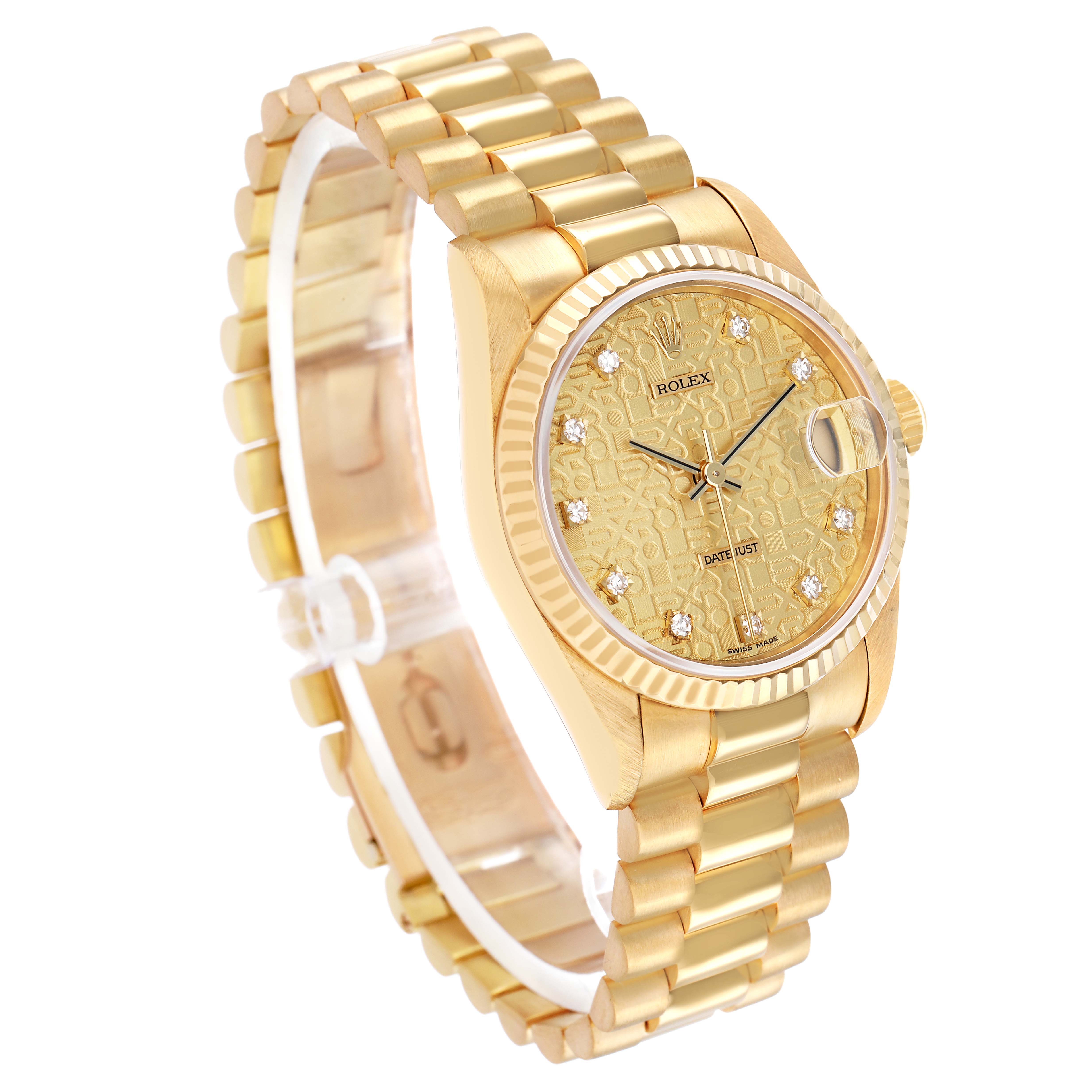The Rolex President 68278 Women's Yellow Gold Champagne Dial model watch is shown at a three-quarter angle, highlighting the dial, bezel, and bracelet.