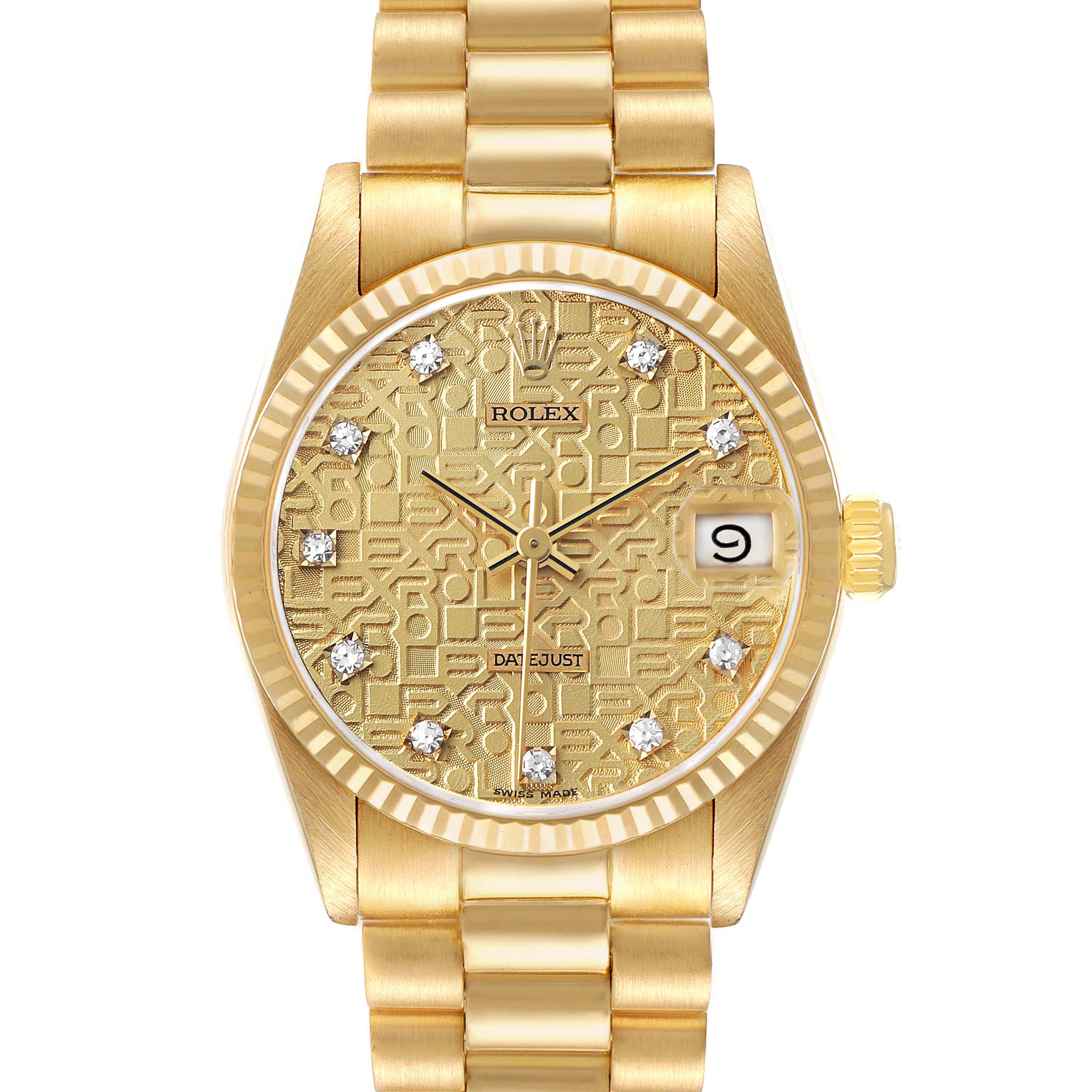 The Rolex President 68278 Women's Yellow Gold Champagne Dial model is shown from a top-down angle, highlighting the gold dial, diamond markers, bracelet, and cyclops date window.