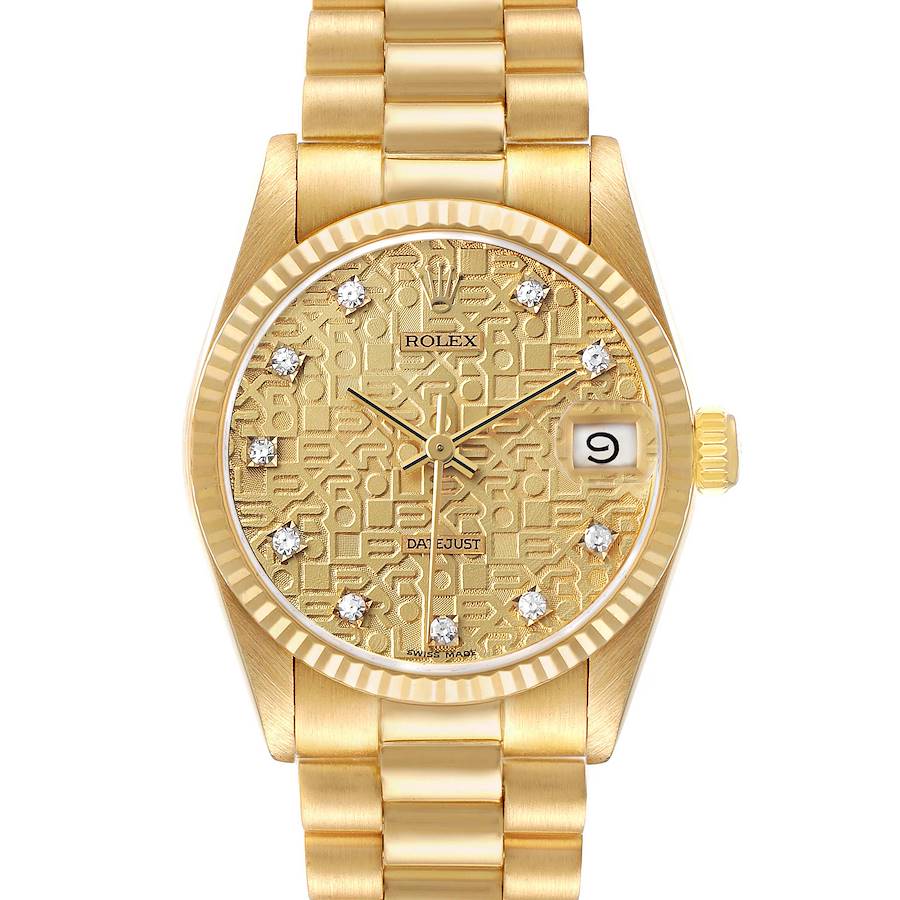 The Rolex President 68278 Women's Yellow Gold Champagne Dial model is shown from a top-down angle, highlighting the gold dial, diamond markers, bracelet, and cyclops date window.