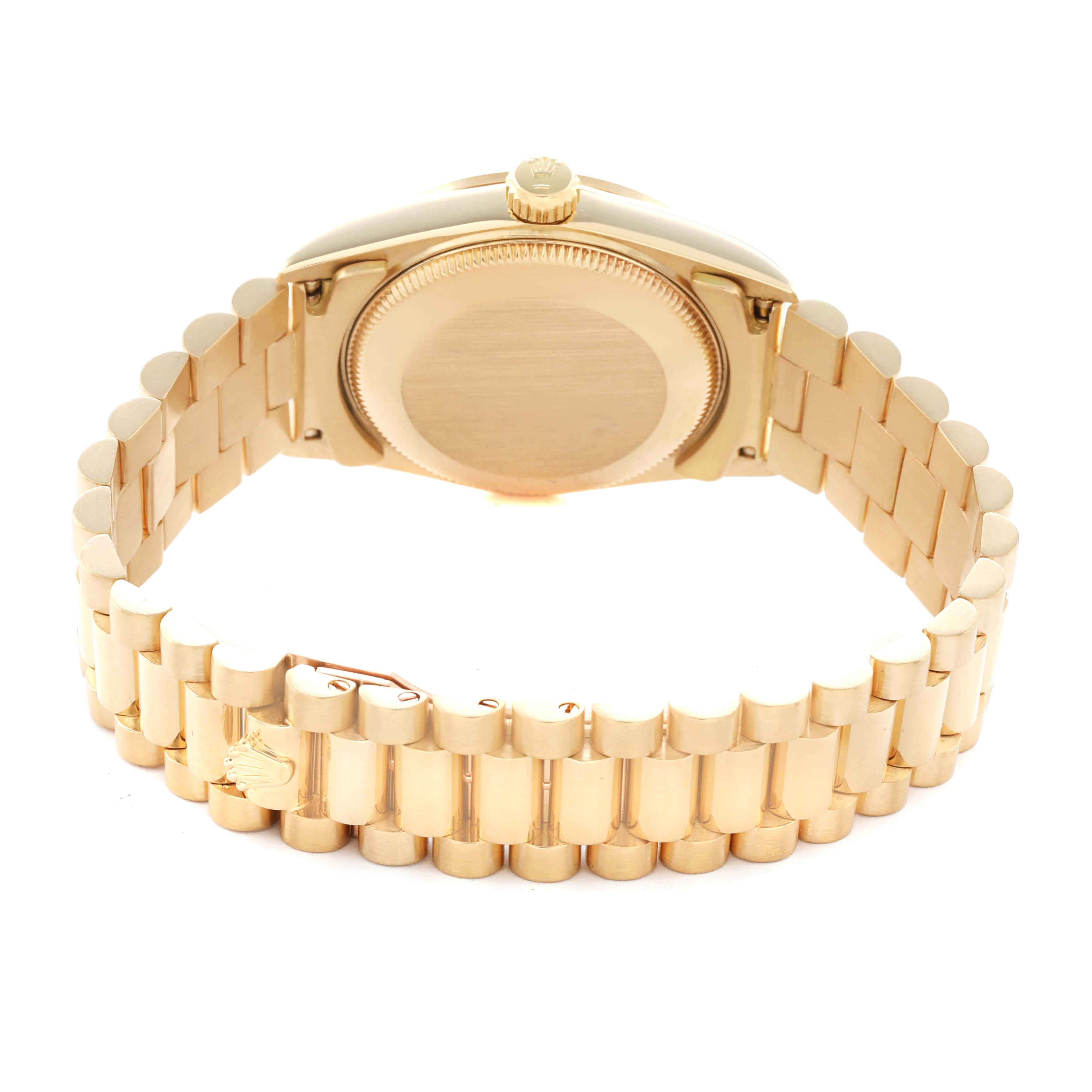 The image shows the back view of a Rolex President 68278 Women's Yellow Gold Champagne Dial model watch, highlighting the closed case back and the bracelet.