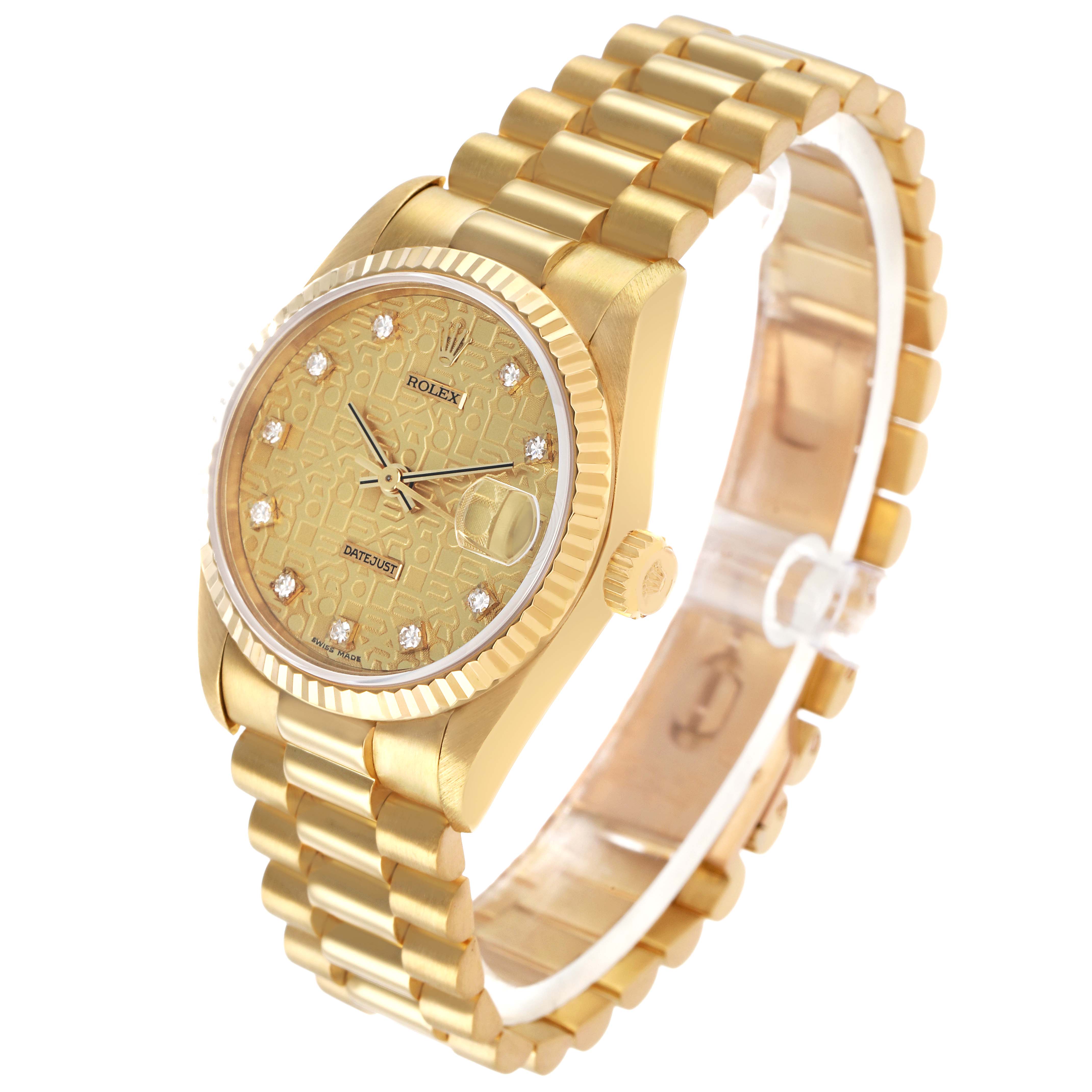 The Rolex President 68278 Women's Yellow Gold Champagne Dial watch is shown from a diagonal angle, highlighting the face, bezel, and bracelet.