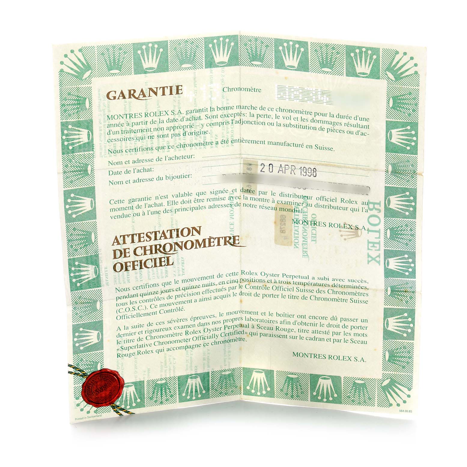 This image shows the warranty and chronometer certificate for a Rolex President 68278 Women's Yellow Gold Champagne Dial model.