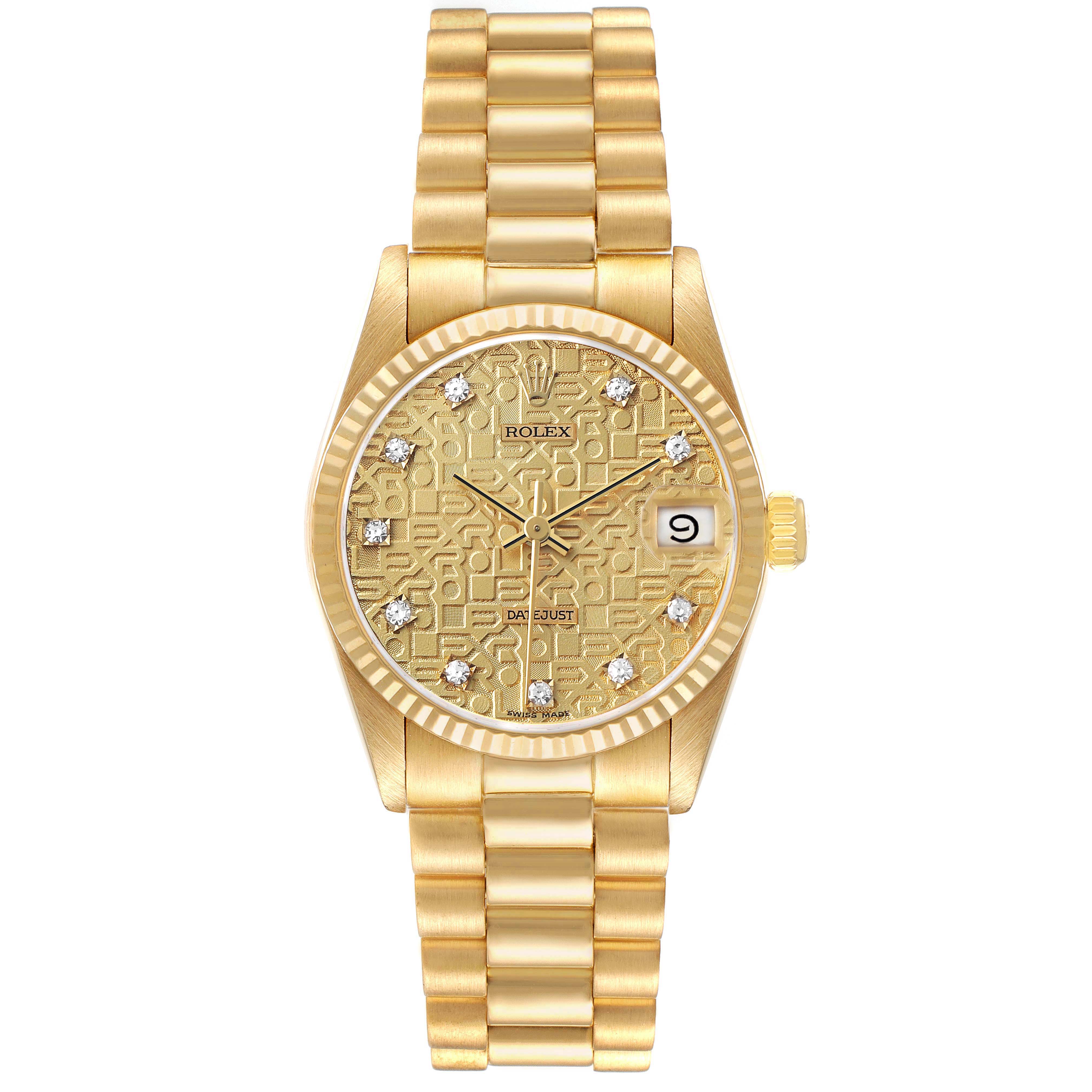 The Rolex President 68278 Women's Yellow Gold Champagne Dial model is shown from a front angle, displaying its golden dial, bracelet, and distinctive diamond hour markers.