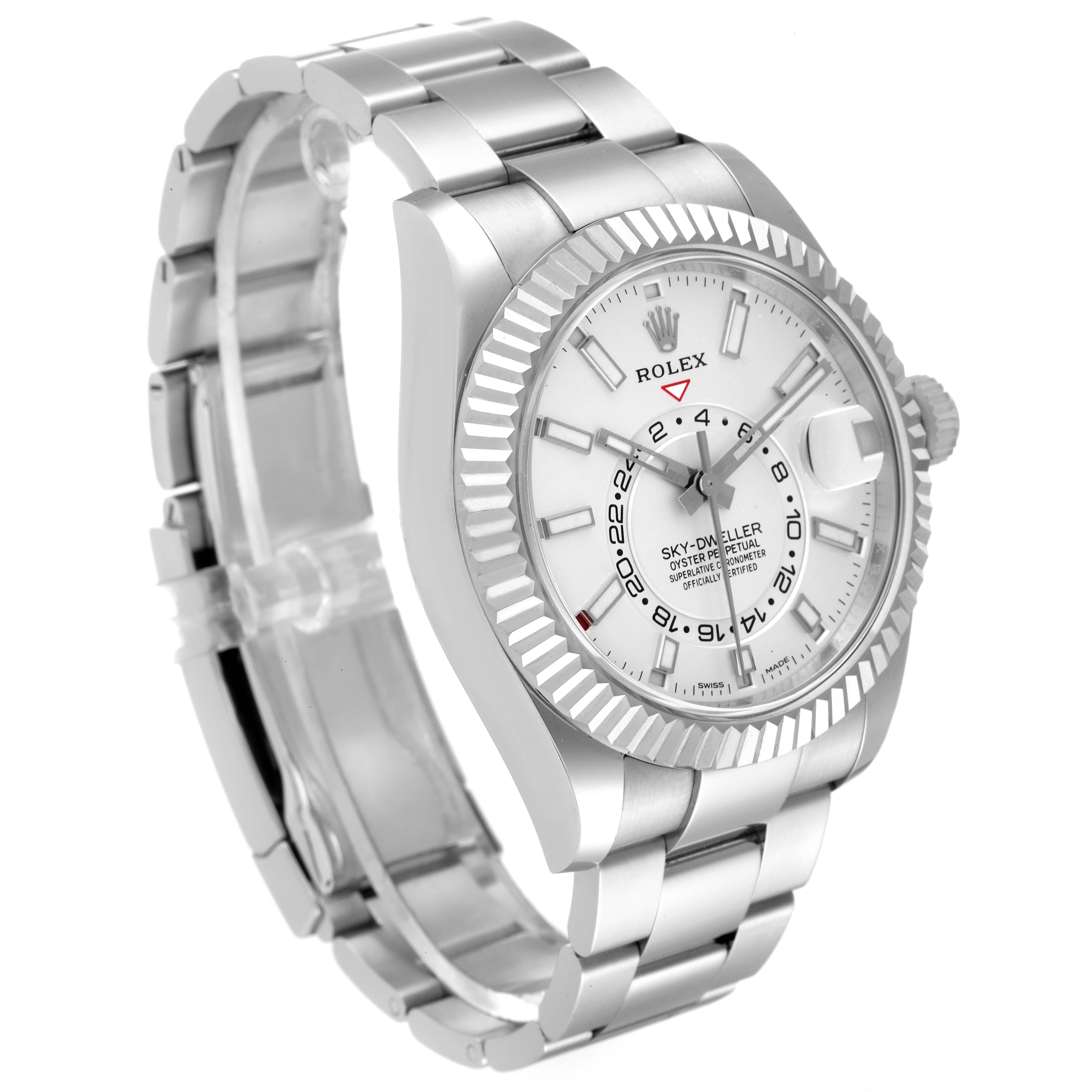 The Rolex Sky-Dweller 326934 Men's Stainless Steel White Dial 326934 Men's Stainless Steel White Dial watch is shown at a three-quarter angle, highlighting the face, bezel, and bracelet.