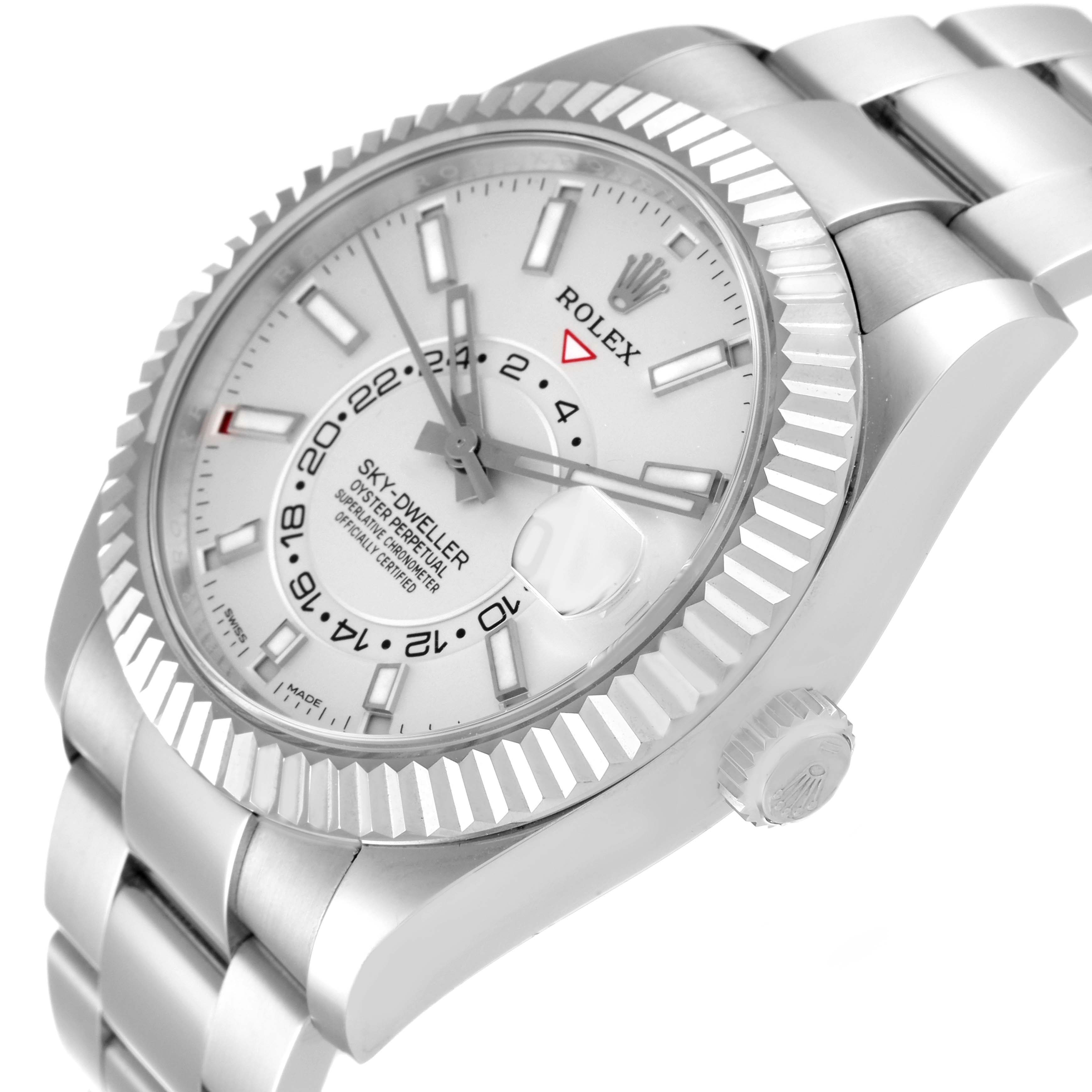 This image shows a Rolex Sky-Dweller 326934 Men's Stainless Steel White Dial 326934 Men's Stainless Steel White Dial watch angled from the front-right, highlighting the dial, bezel, bracelet, and crown.