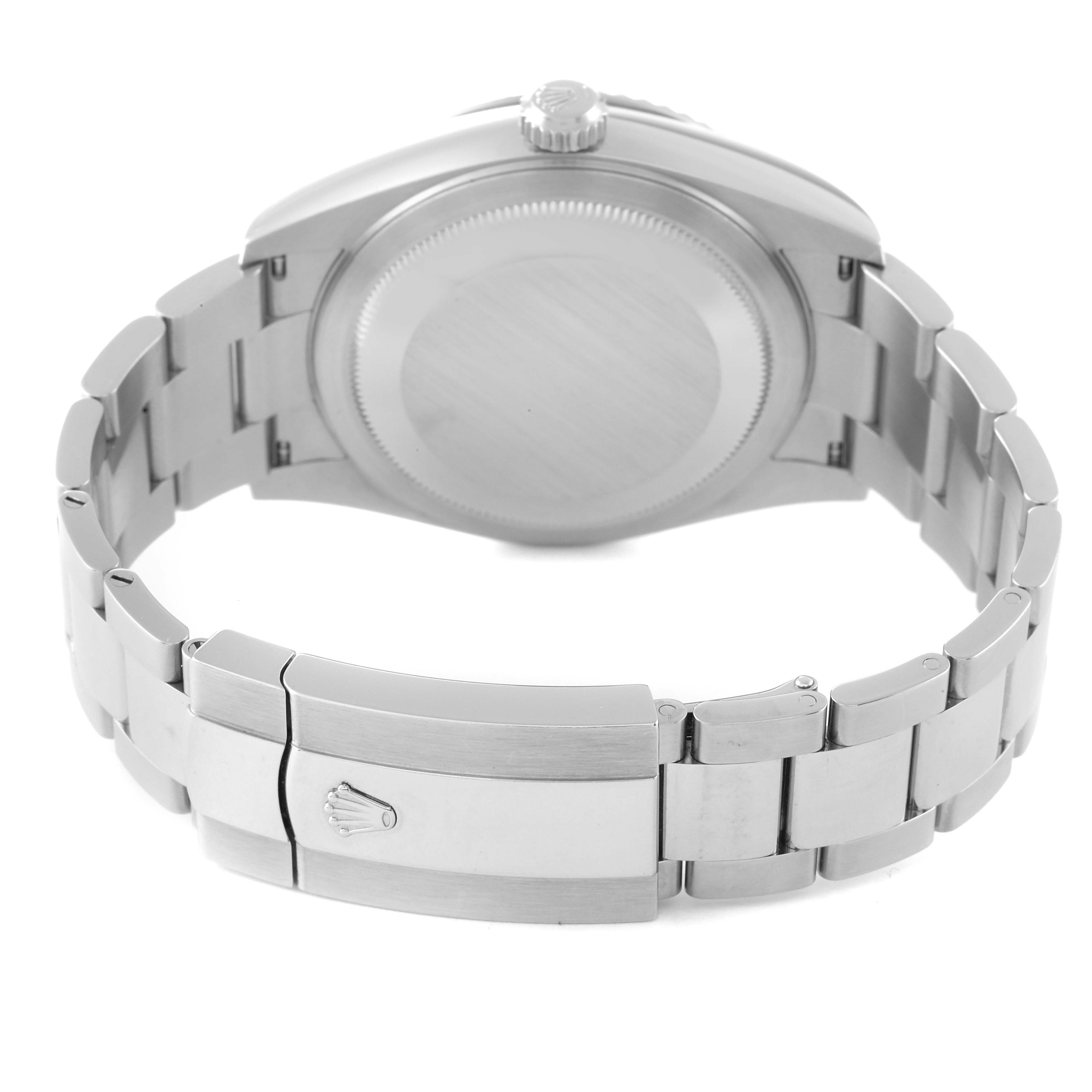The image shows the back view of a Rolex Sky-Dweller 326934 Men's Stainless Steel White Dial 326934 Men's Stainless Steel White Dial watch, highlighting its case back, bracelet, and clasp.