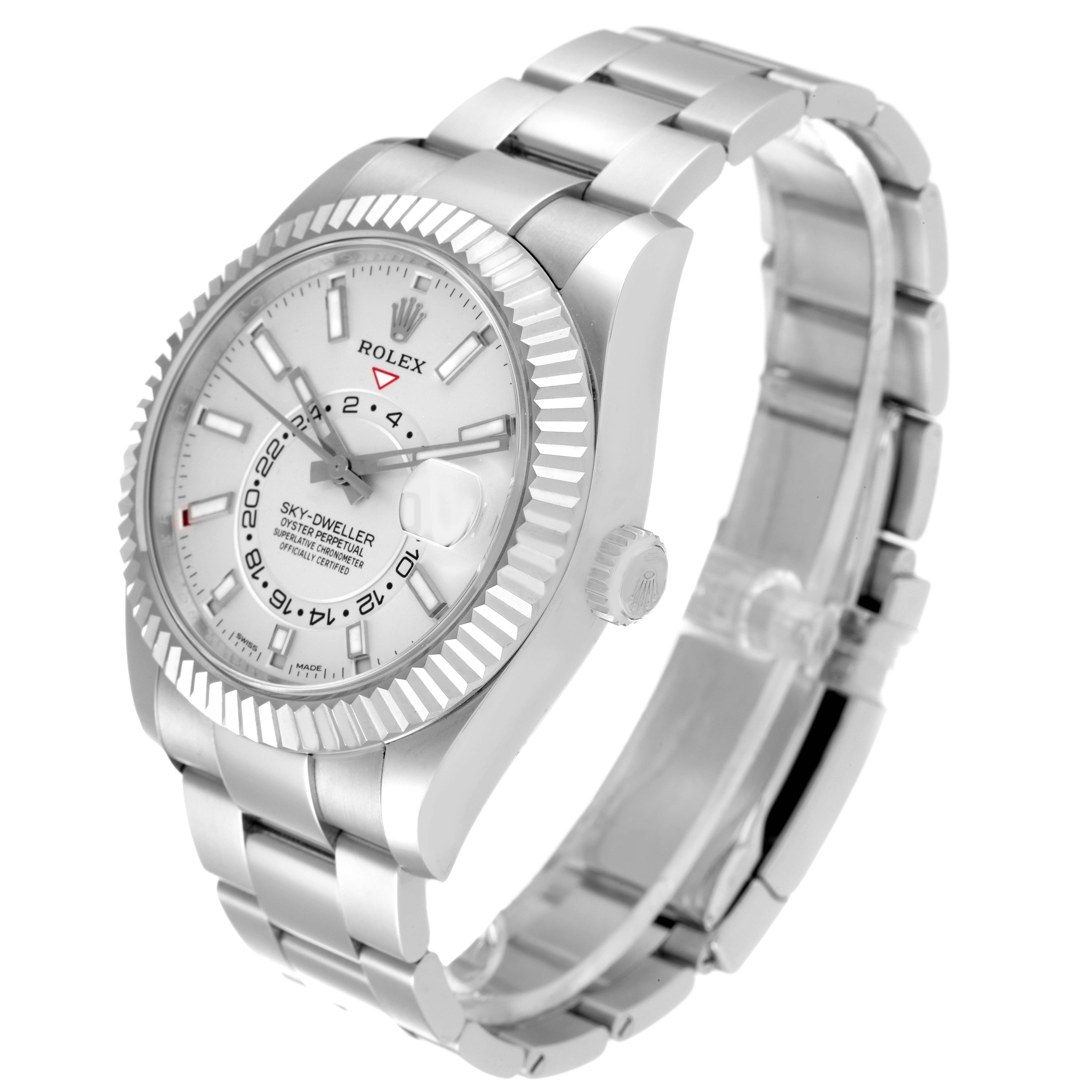 This image shows a Rolex Sky-Dweller 326934 Men's Stainless Steel White Dial 326934 Men's Stainless Steel White Dial watch angled to display its face, bezel, crown, and bracelet.