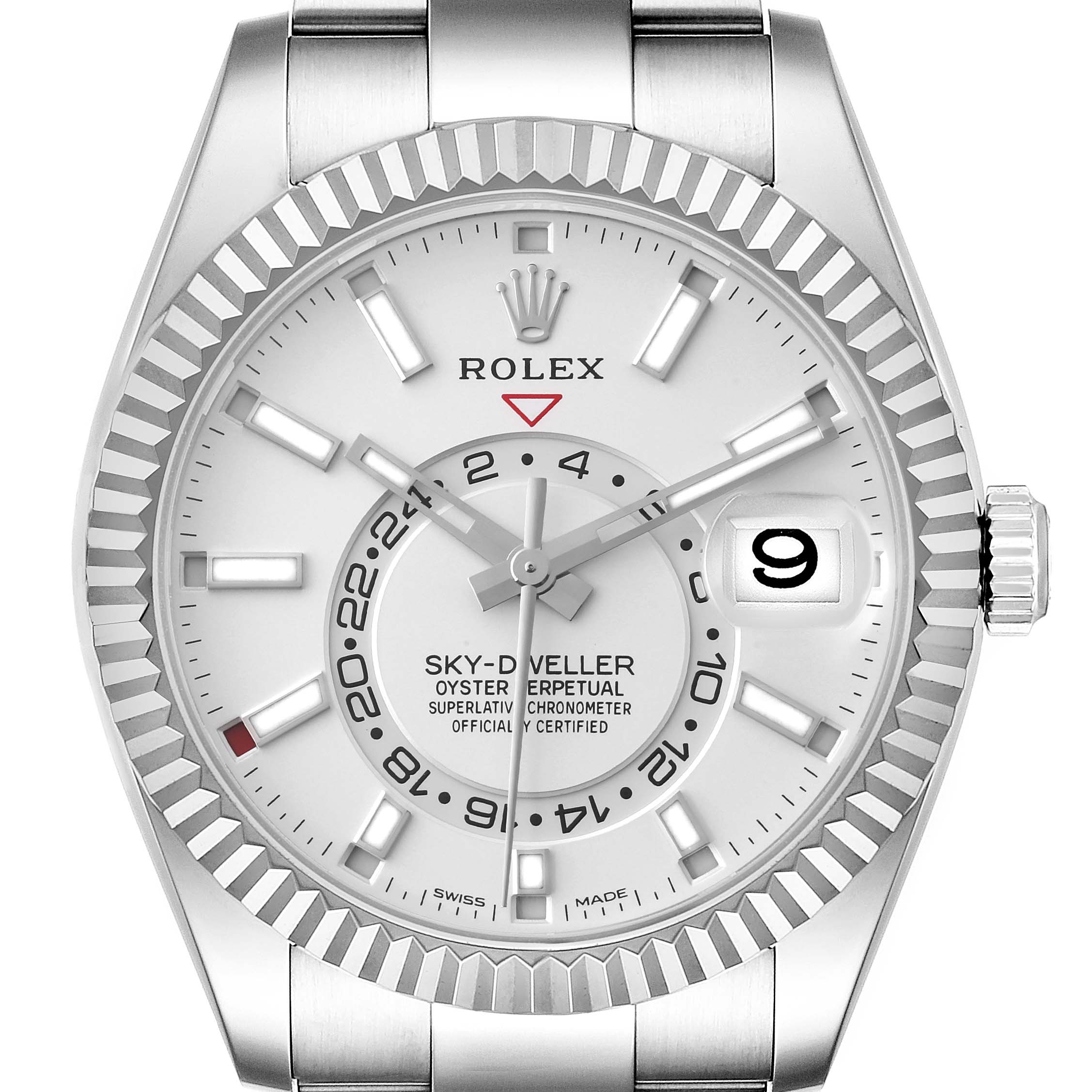 The image shows a front view of a Rolex Sky-Dweller 326934 Men's Stainless Steel White Dial 326934 Men's Stainless Steel White Dial watch, focusing on its face, bezel, crown, and part of the bracelet.