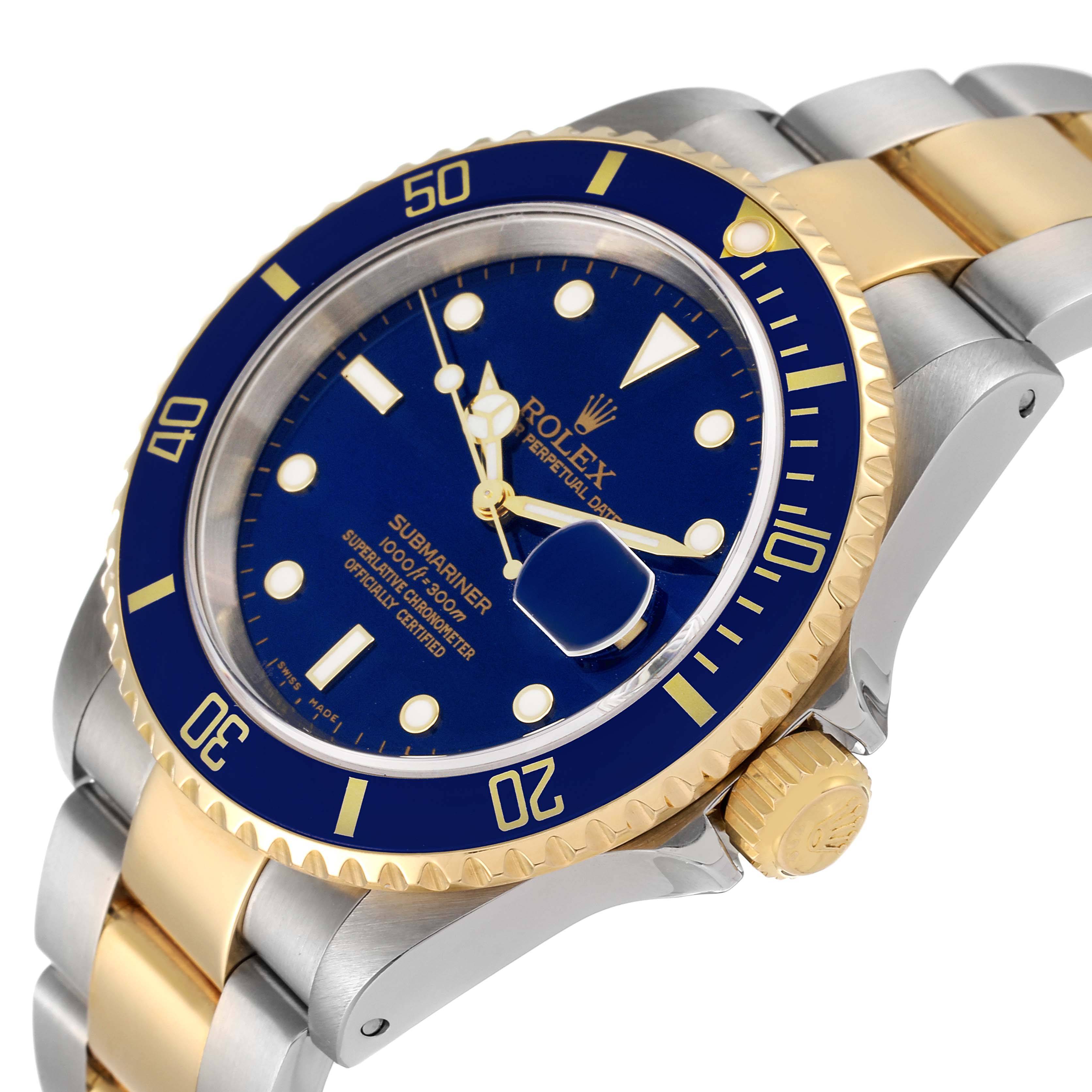 This image shows a Rolex Submariner 16613 Men's Steel and Gold (two tone) Blue Dial 16613 Men's Steel and Gold (two tone) Blue Dial watch at a three-quarter angle, featuring its blue dial, bezel, and two-tone bracelet.