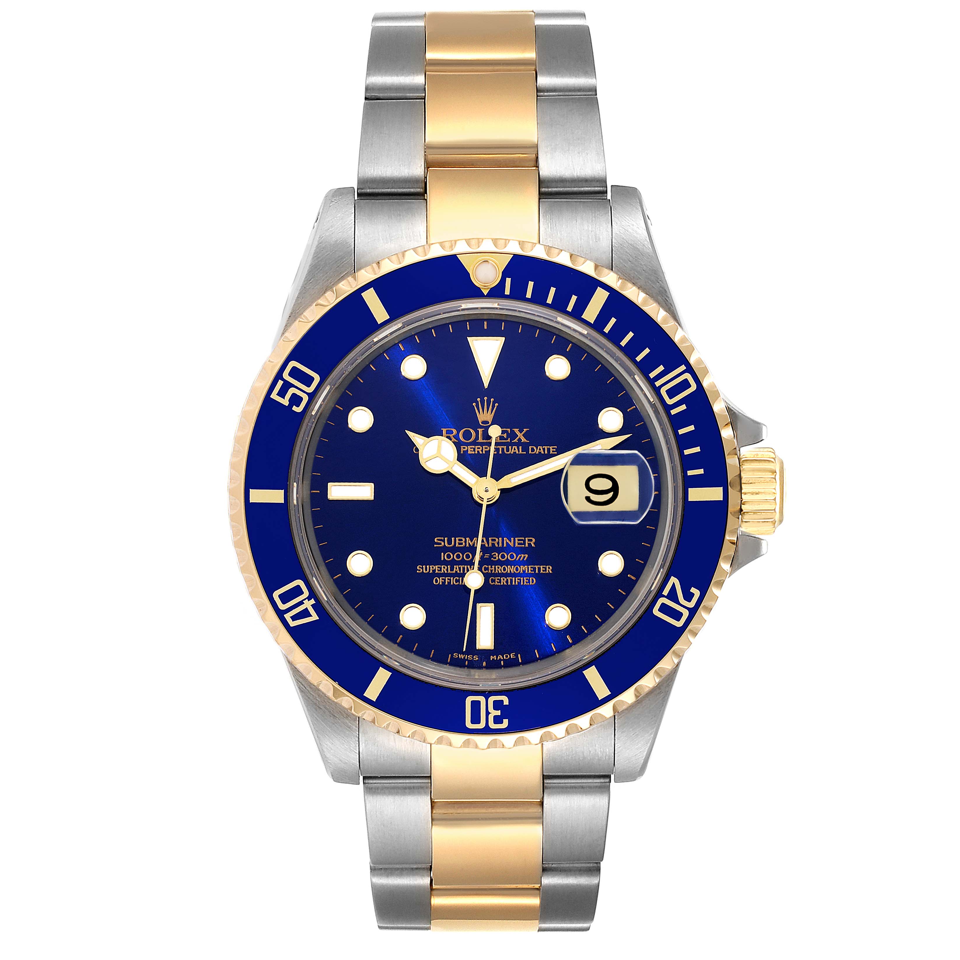 The image shows a front view of a Rolex Submariner 16613 Men's Steel and Gold (two tone) Blue Dial 16613 Men's Steel and Gold (two tone) Blue Dial watch, displaying its blue dial, date window, and two-tone bracelet.