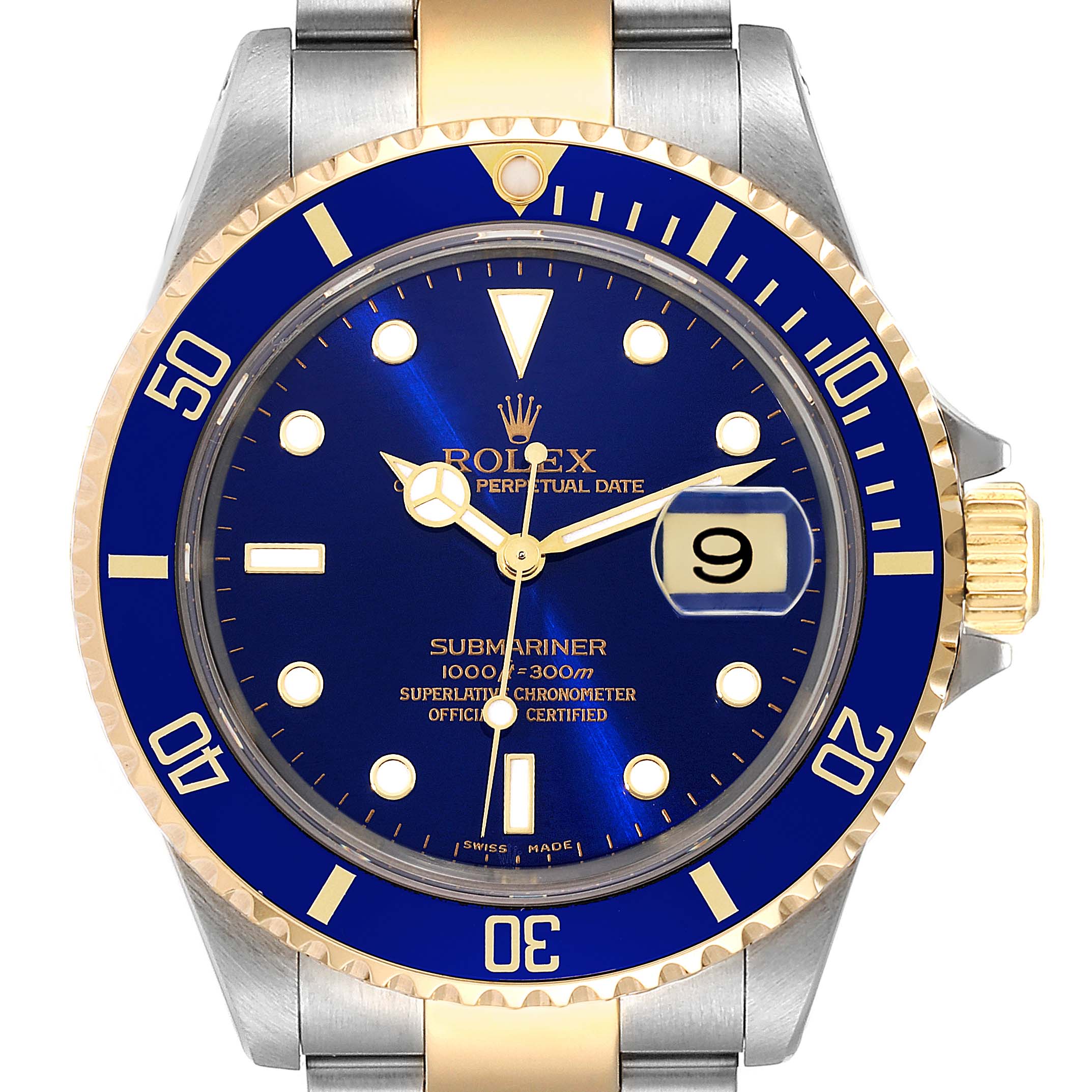 The image shows a frontal view of a Rolex Submariner 16613 Men's Steel and Gold (two tone) Blue Dial 16613 Men's Steel and Gold (two tone) Blue Dial watch with a blue dial and bezel.