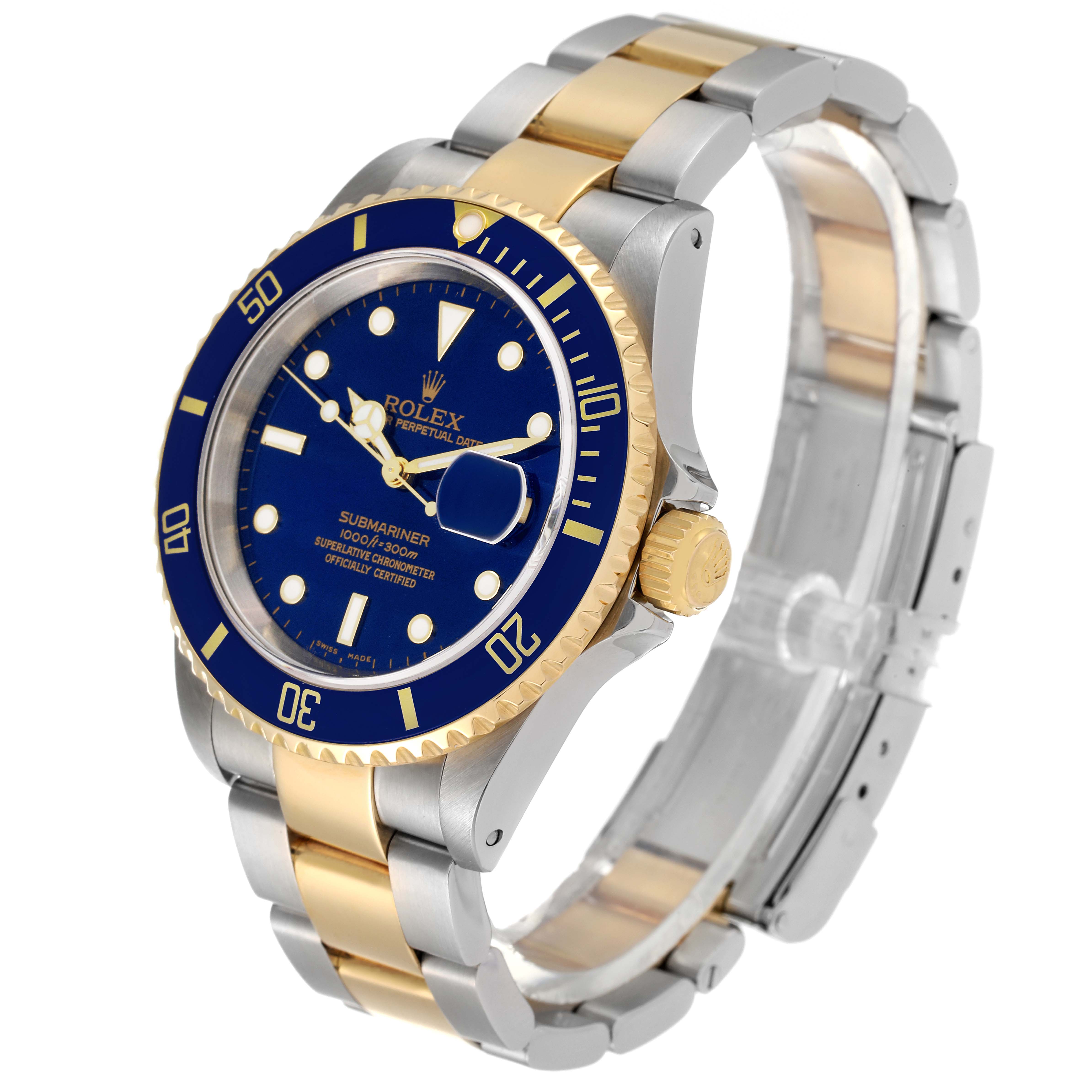 The Rolex Submariner 16613 Men's Steel and Gold (two tone) Blue Dial 16613 Men's Steel and Gold (two tone) Blue Dial watch is shown at a three-quarter angle, highlighting its blue dial, gold and silver bracelet, and crown.