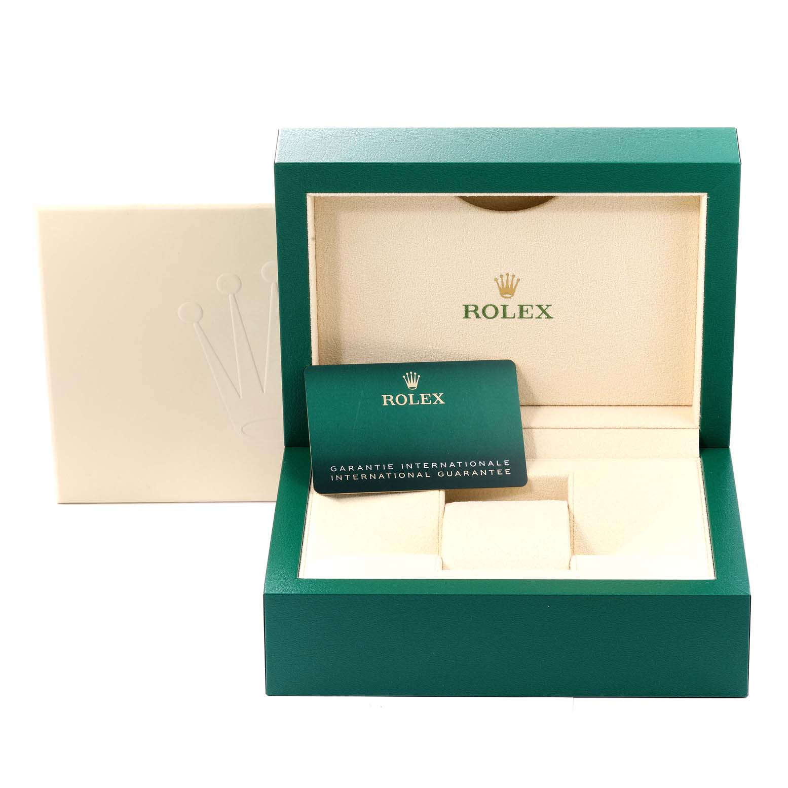This image shows the packaging and guarantee card for a Rolex Submariner 126610 Men
s Stainless Steel Black Dial 126610 Men
s Stainless Steel Black Dial watch, with an open green box and beige interior.